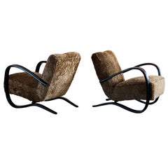 Pair of Jindrich Halabala H269 Lounge Chairs in Sheepskin, Czechoslovakia, 1930s