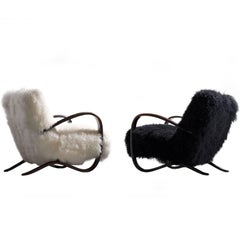 Pair of Jindrich Halabala Lounge Chairs in Black & White Tibetan Wool Upholstery