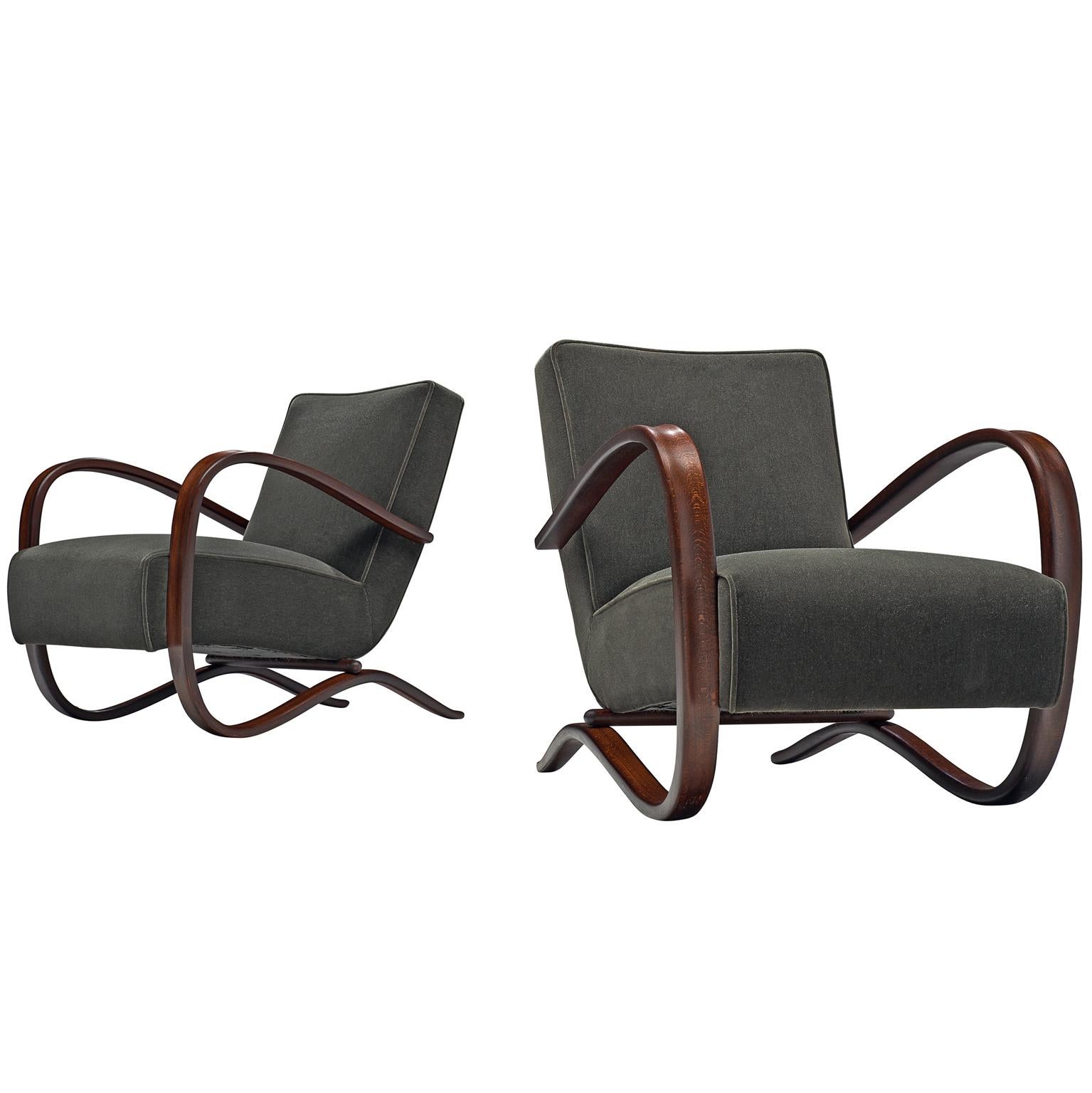 Pair of Jindrich Halabala Lounge Chairs Reupholsteredin Mohair Upholstery