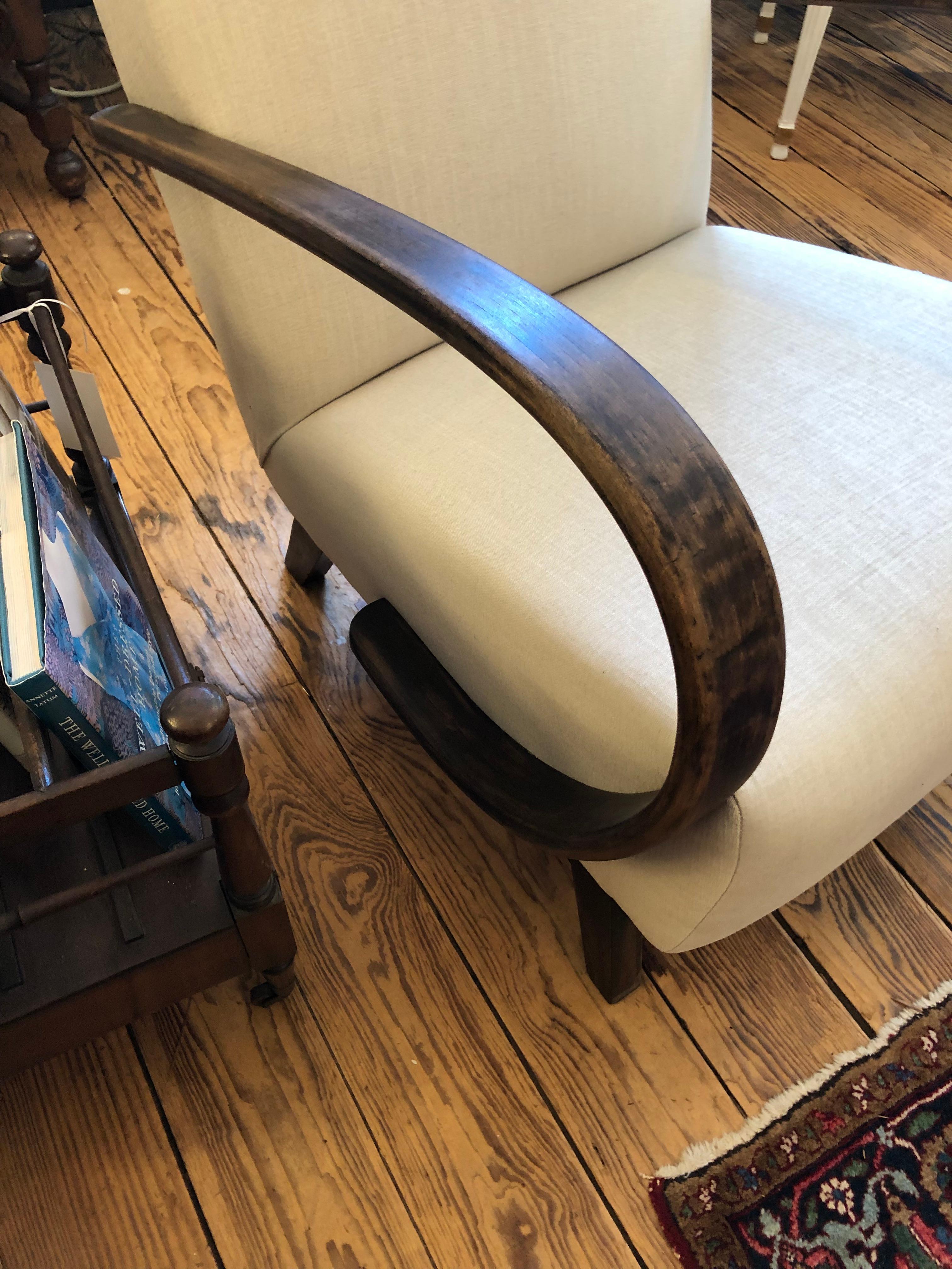 Pair of Jindrich Halabala Vintage Linen & Ebonized Wood Art Deco Club Chairs 6