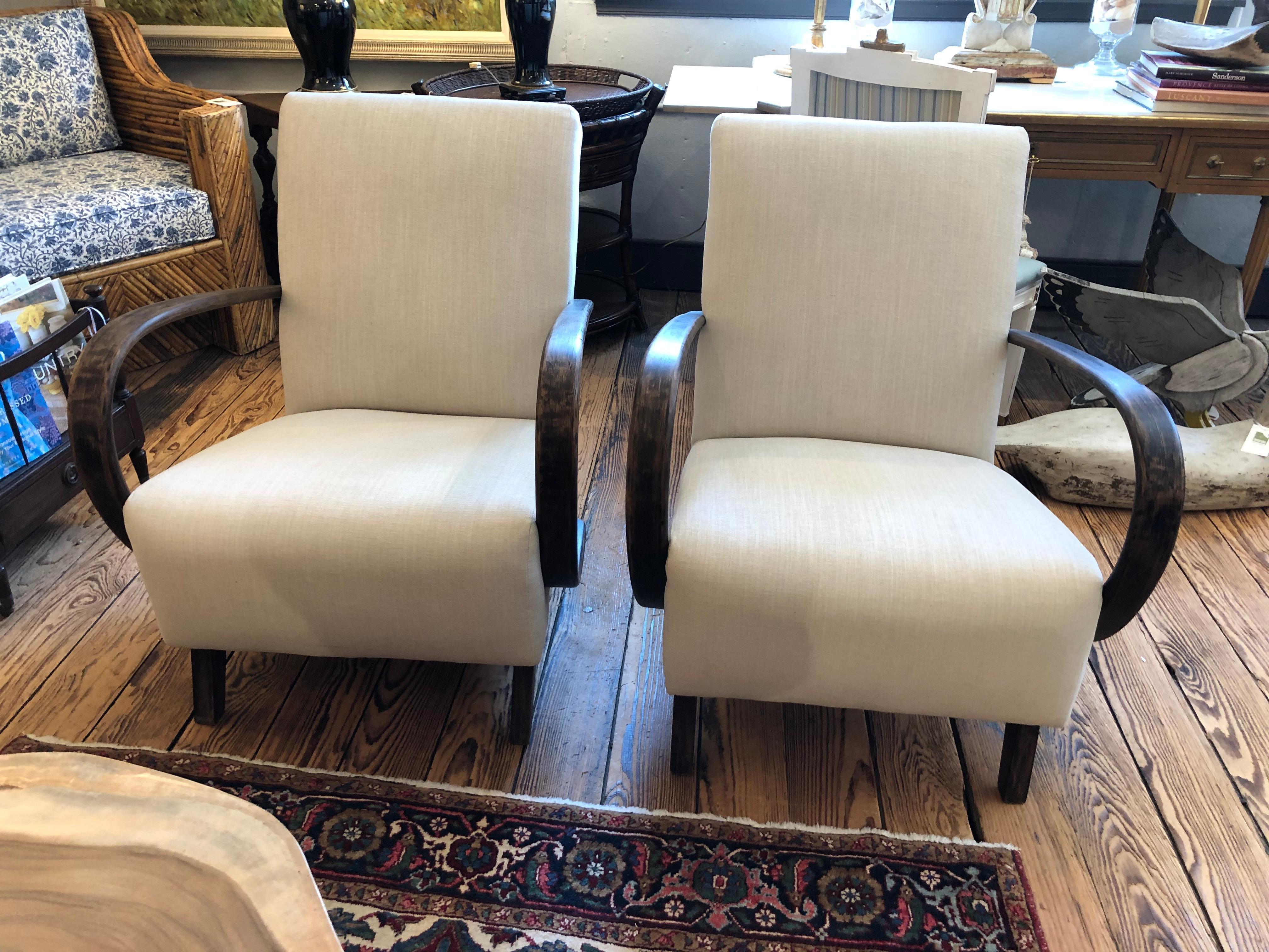 Pair of Jindrich Halabala Vintage Linen & Ebonized Wood Art Deco Club Chairs 8