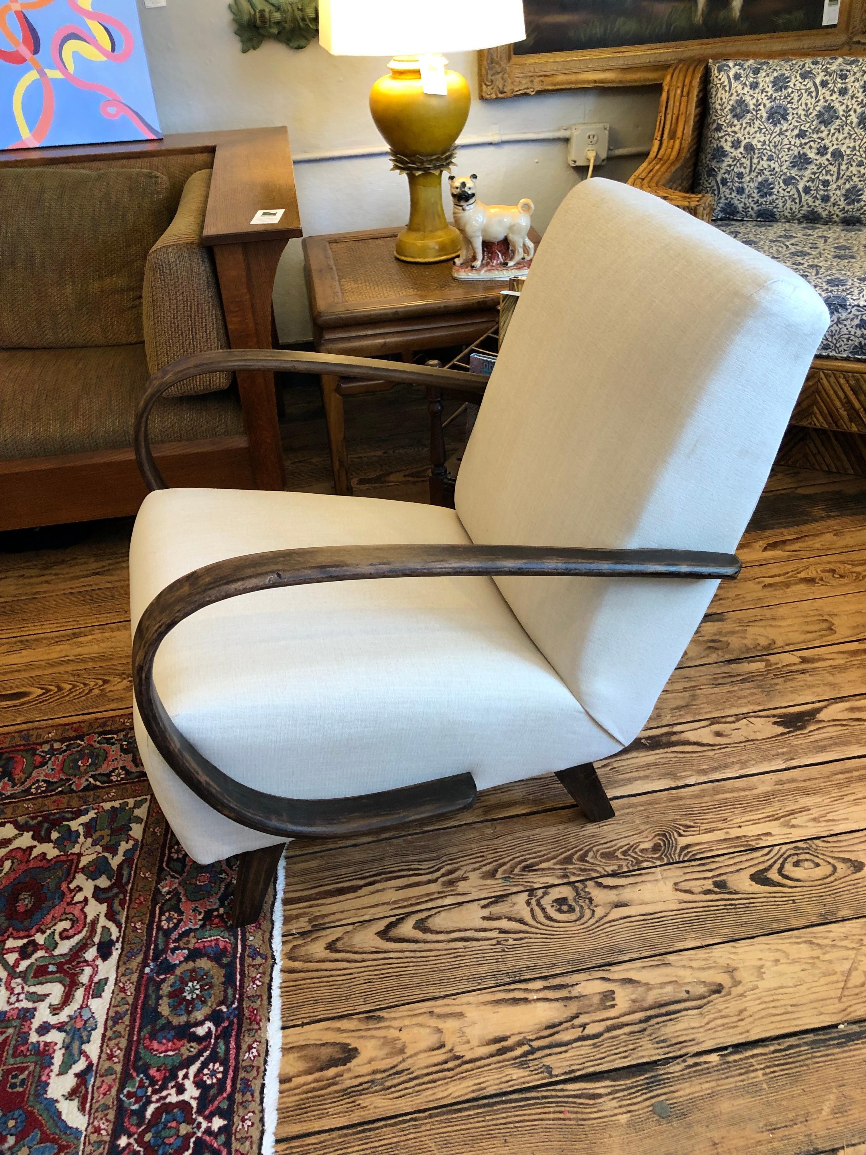 Czech Pair of Jindrich Halabala Vintage Linen & Ebonized Wood Art Deco Club Chairs