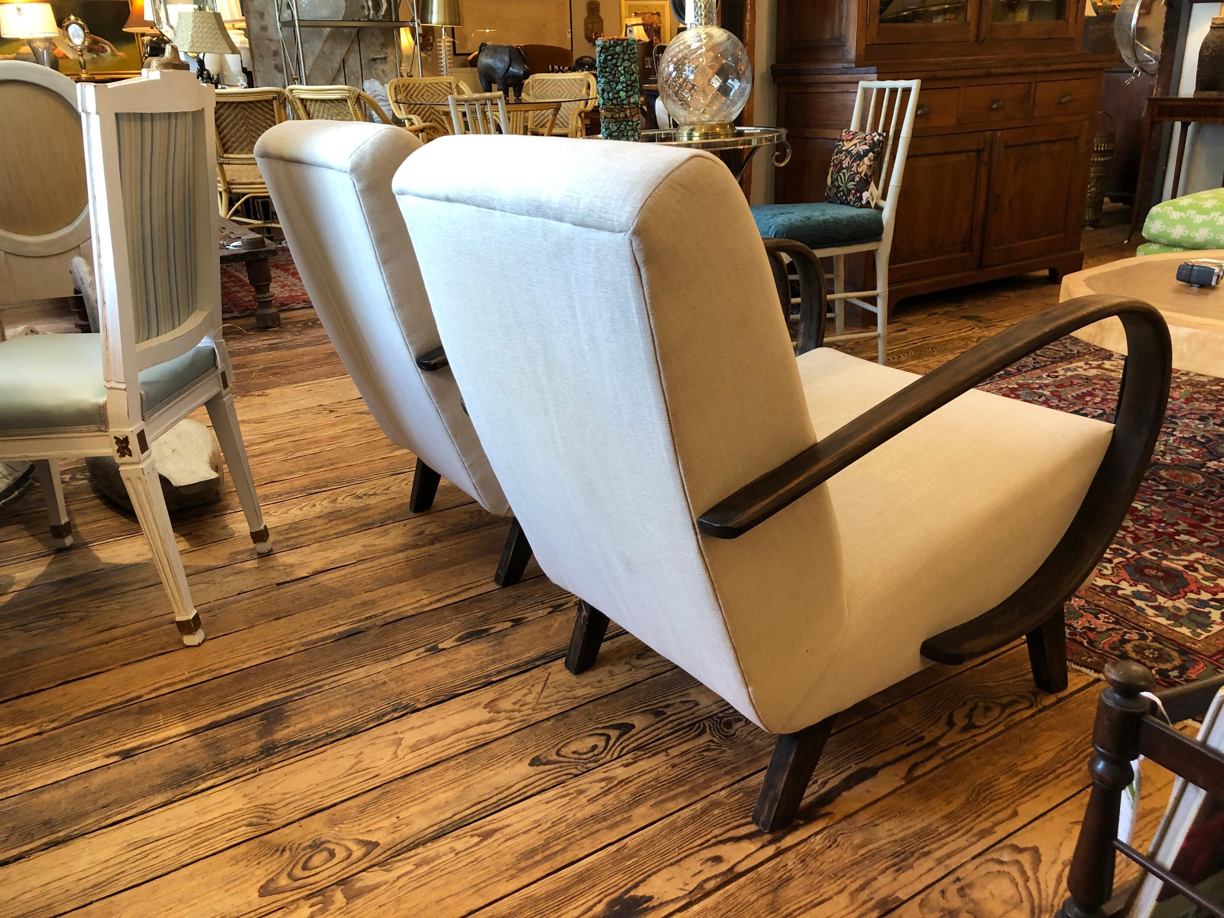 Mid-20th Century Pair of Jindrich Halabala Vintage Linen & Ebonized Wood Art Deco Club Chairs