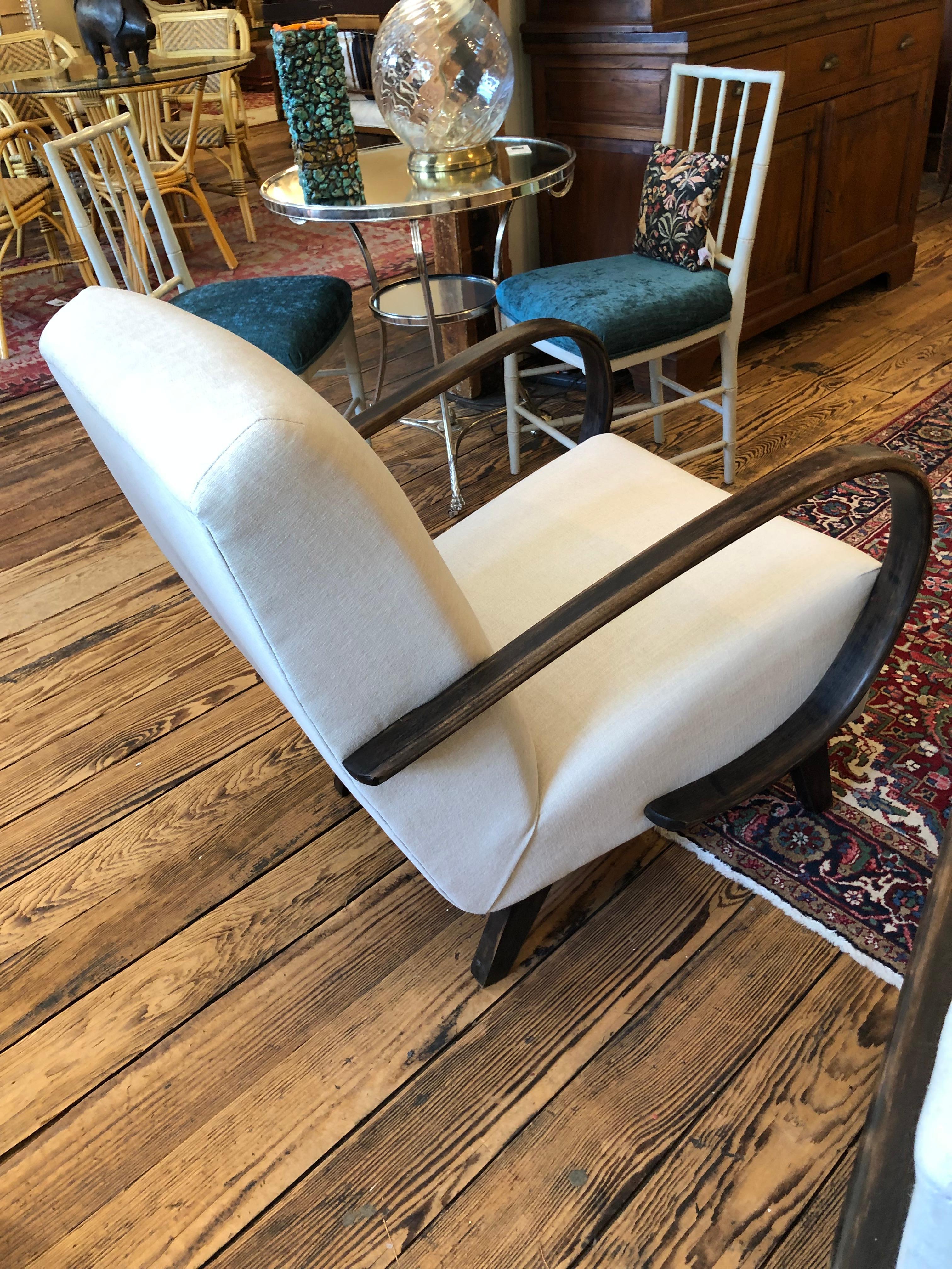 Pair of Jindrich Halabala Vintage Linen & Ebonized Wood Art Deco Club Chairs 2