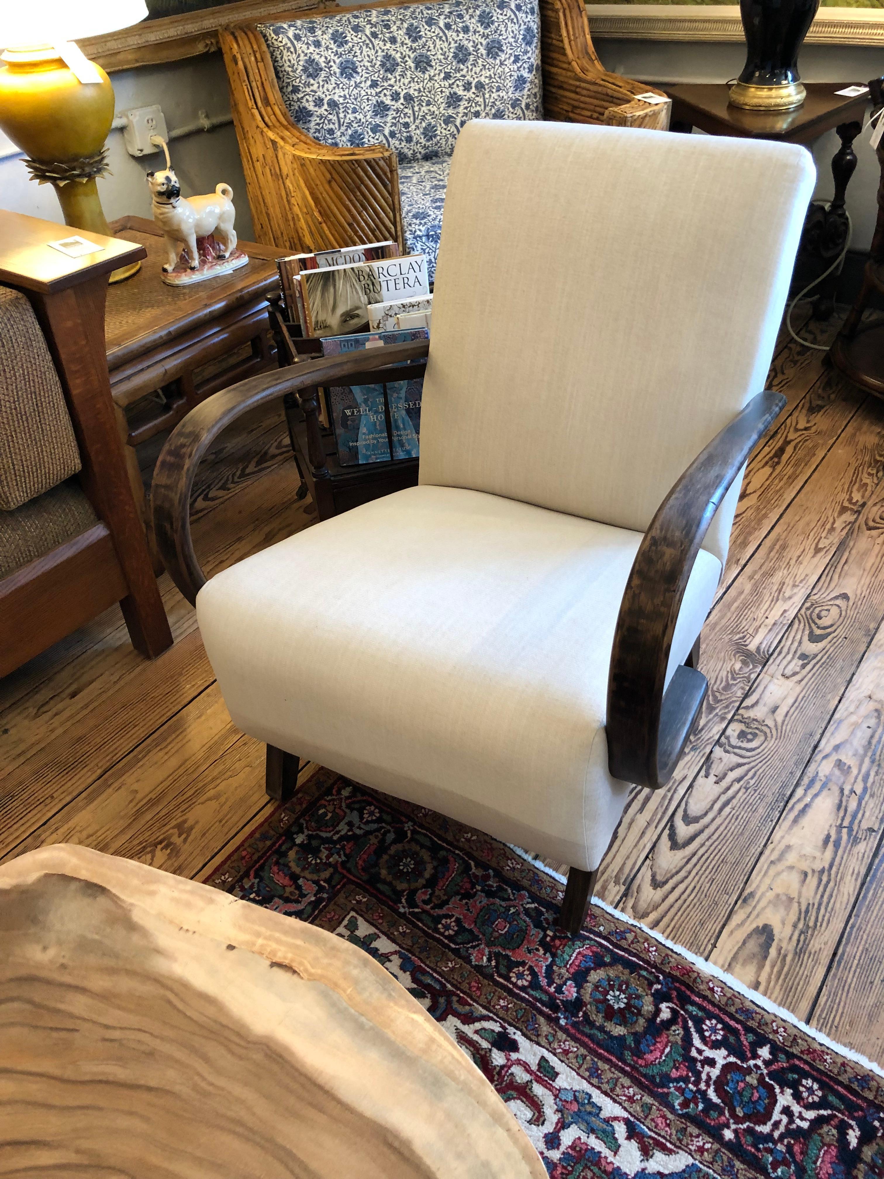 Pair of Jindrich Halabala Vintage Linen & Ebonized Wood Art Deco Club Chairs 3