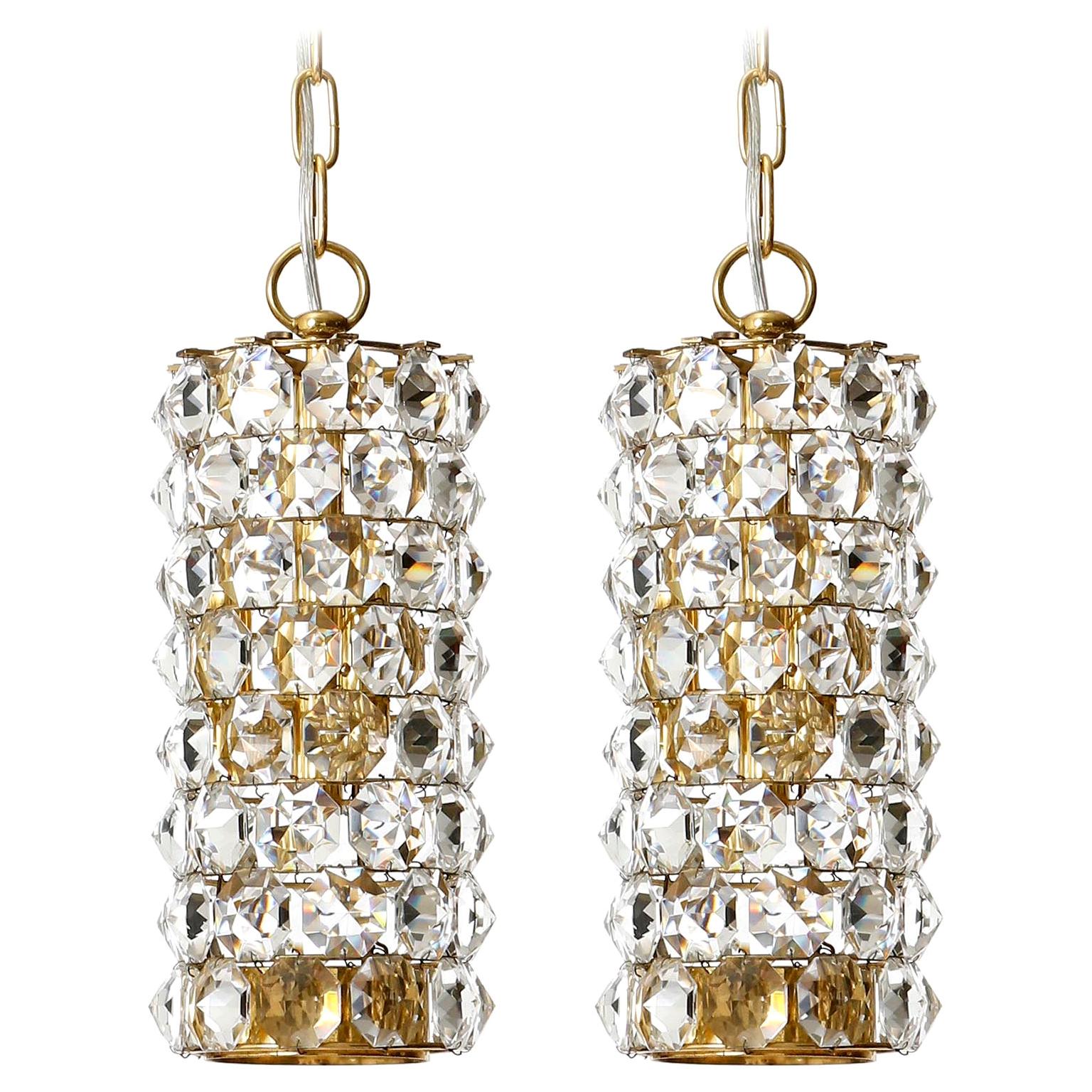 Pair of J.L. Lobmeyr Pendant Lights Lanterns, Brass Crystal Glass, 1960s