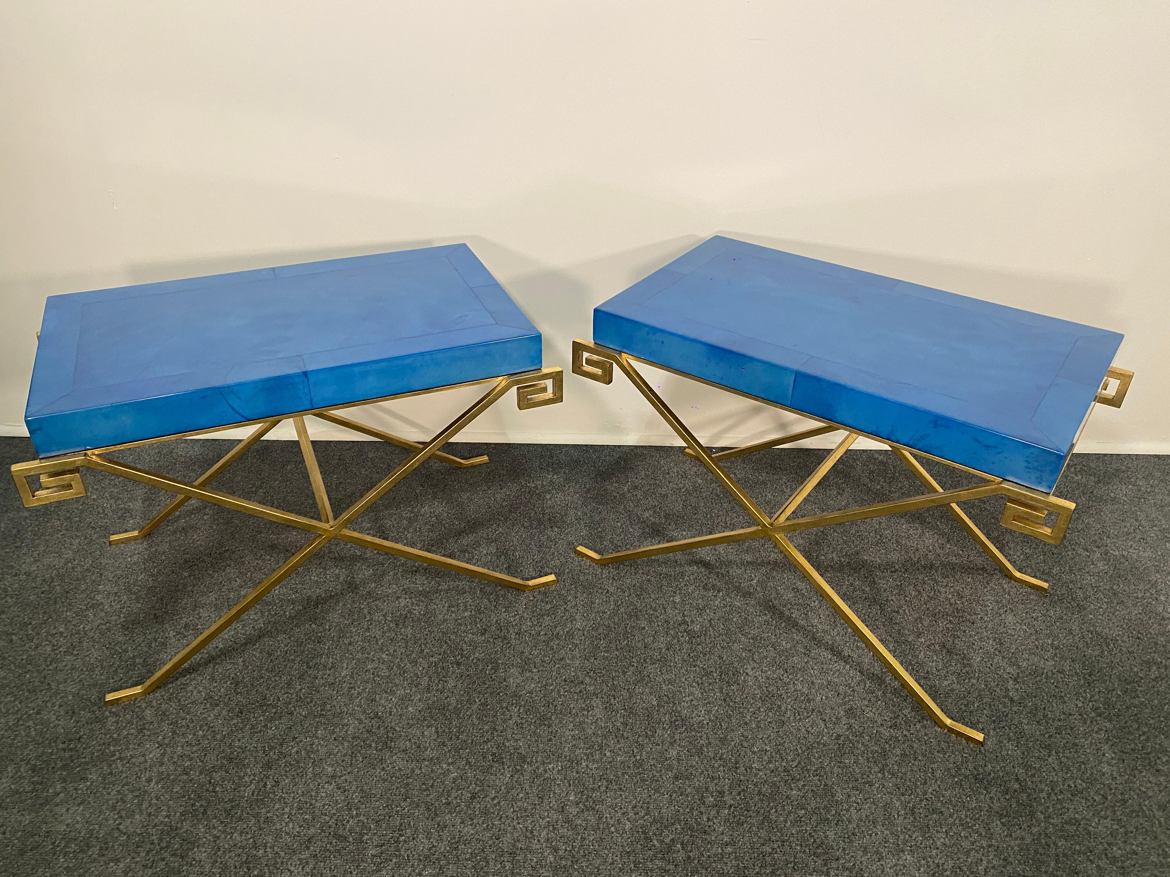 Pair of JMF Greek Key Tables with Lapis Goatskin Parchment Top- we are authorized representative for Karl Springer Ltd- We can sell off the floor amples or custom create your pieces to your specifications and colors, manufactured through Karl