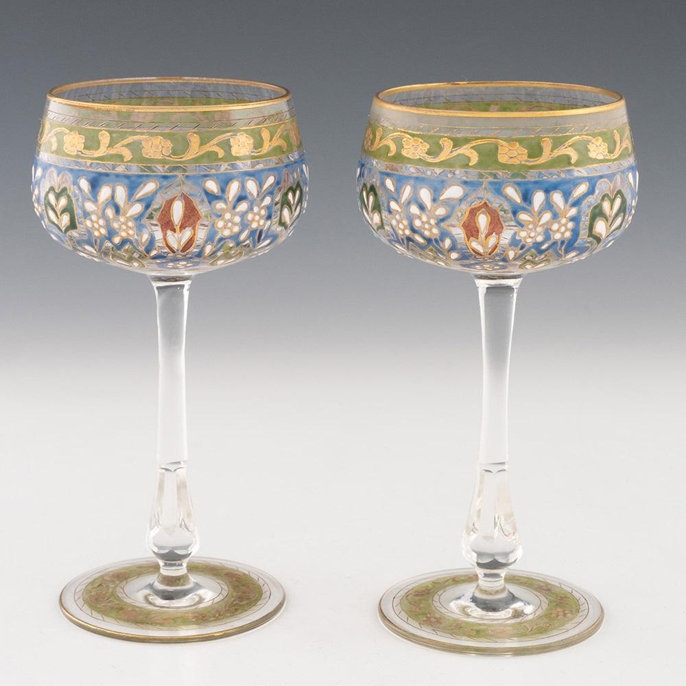 Art Nouveau Pair of Jodhpur Enamelled Wine Glasses c1920 For Sale