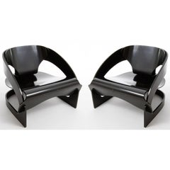 Pair of Joe Colombo Chairs No. 4801, Black Plywood Wood, Kartell, Italy, 1960s