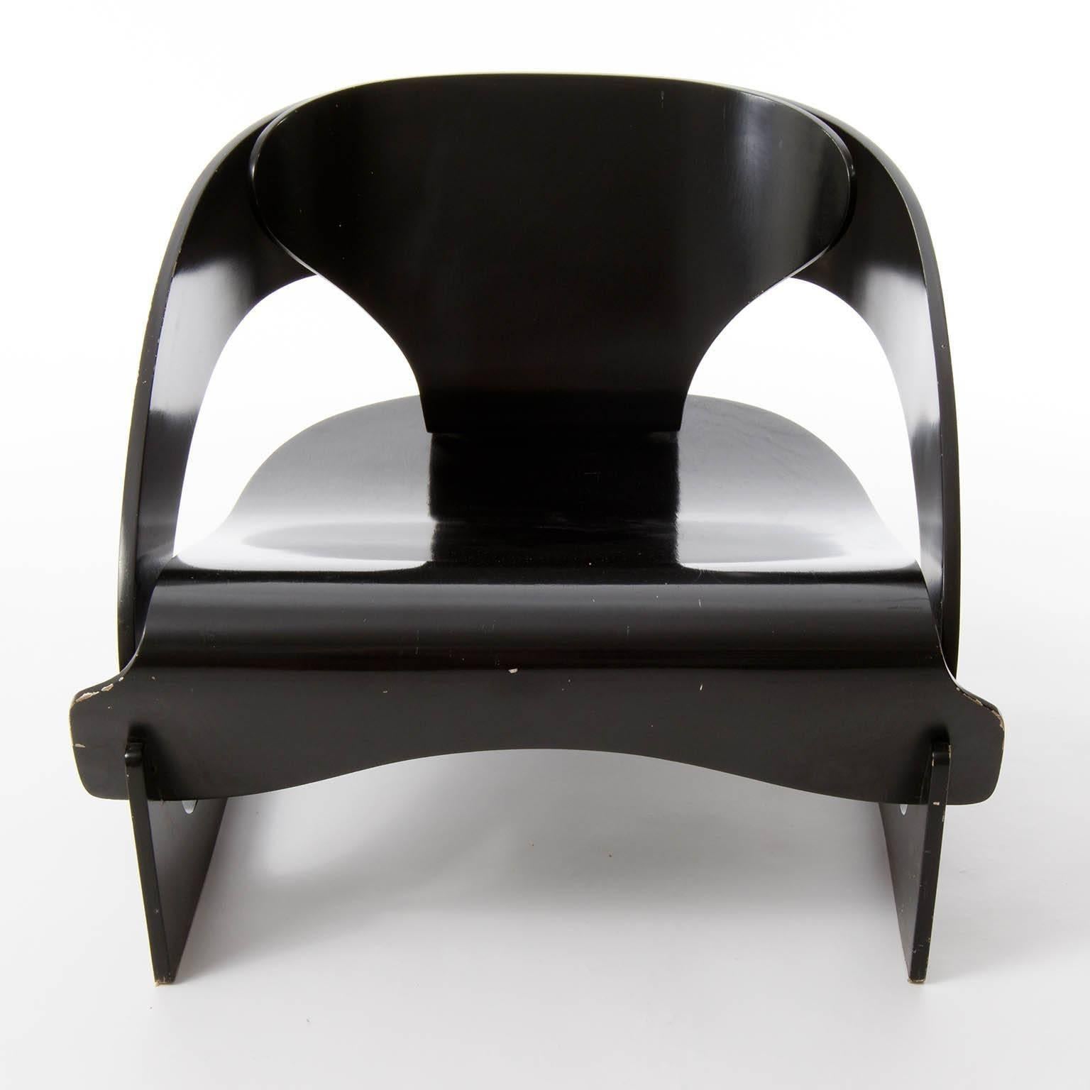 Mid-20th Century Pair of Joe Colombo Chairs No. 4801, Black Plywood Wood, Kartell, Italy, 1960s For Sale