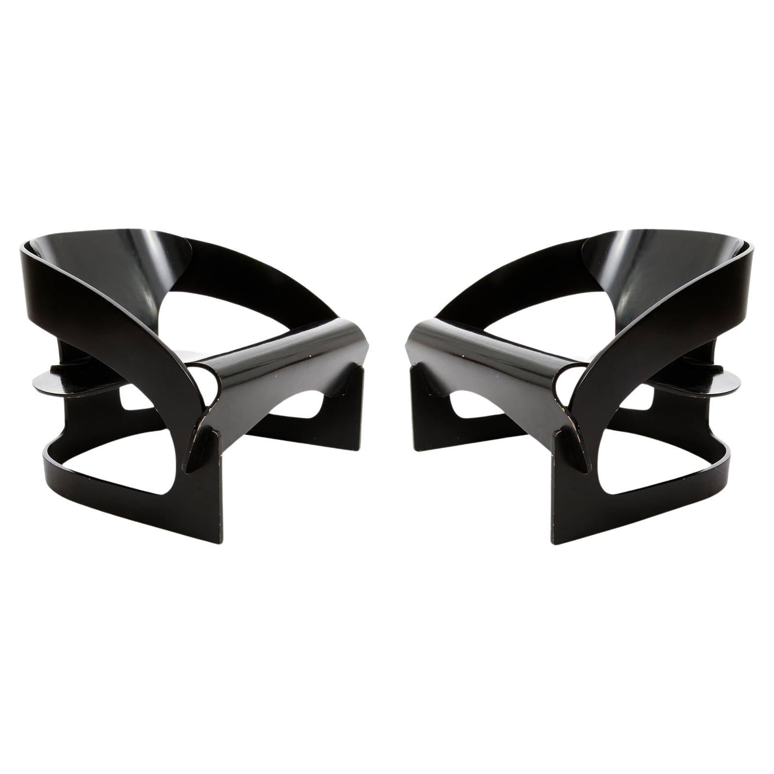 Pair of Joe Colombo Chairs No. 4801, Black Plywood Wood, Kartell, Italy, 1960s