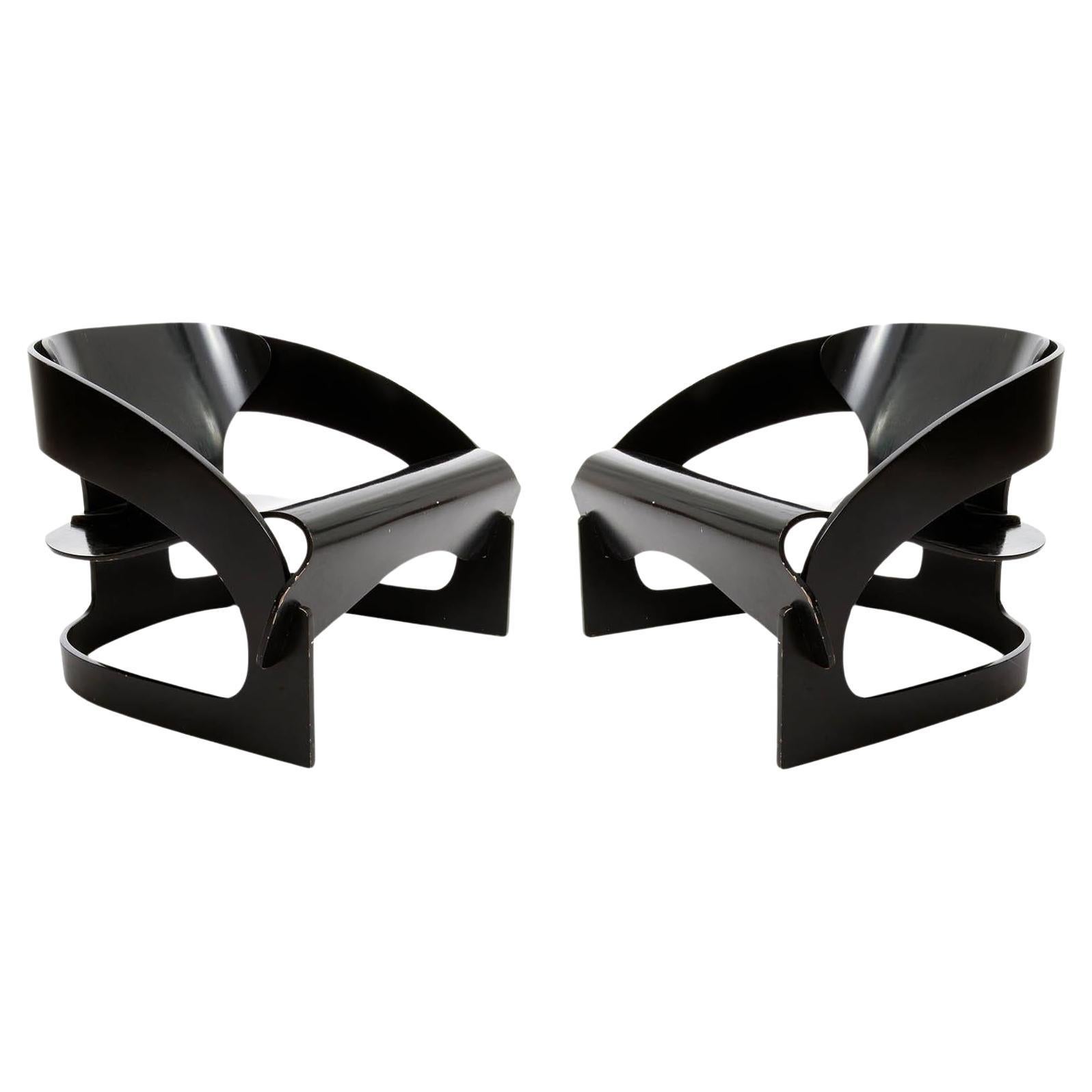 Pair of Joe Colombo Chairs No. 4801, Black Plywood Wood, Kartell, Italy, 1960s