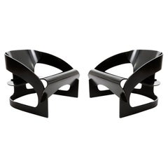 Pair of Joe Colombo Chairs No. 4801, Black Plywood Wood, Kartell, Italy, 1960s