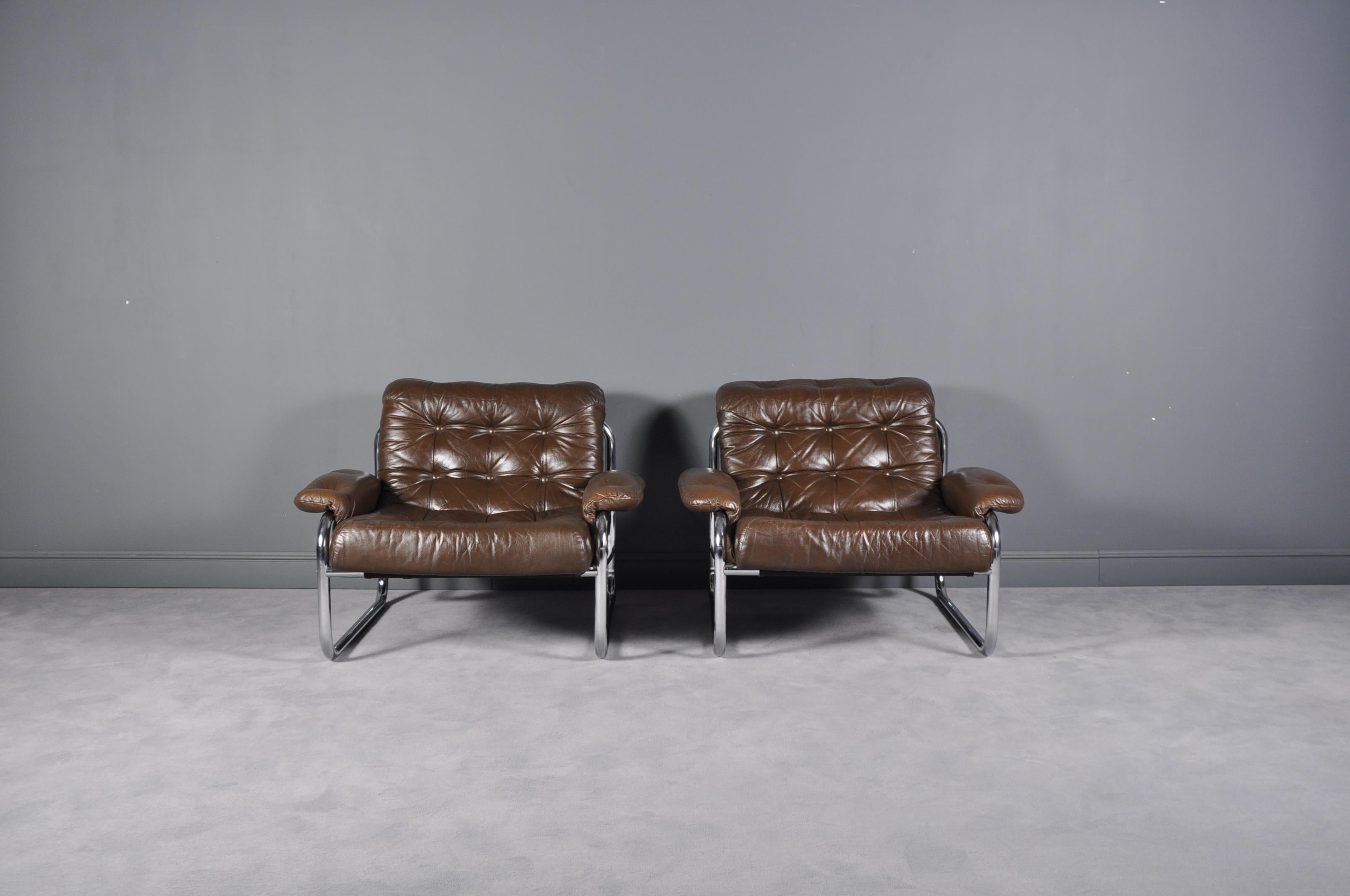 Suédois Paire de chaises longues en cuir Johan Bertil Häggström pour Ikea, Suède, 1970