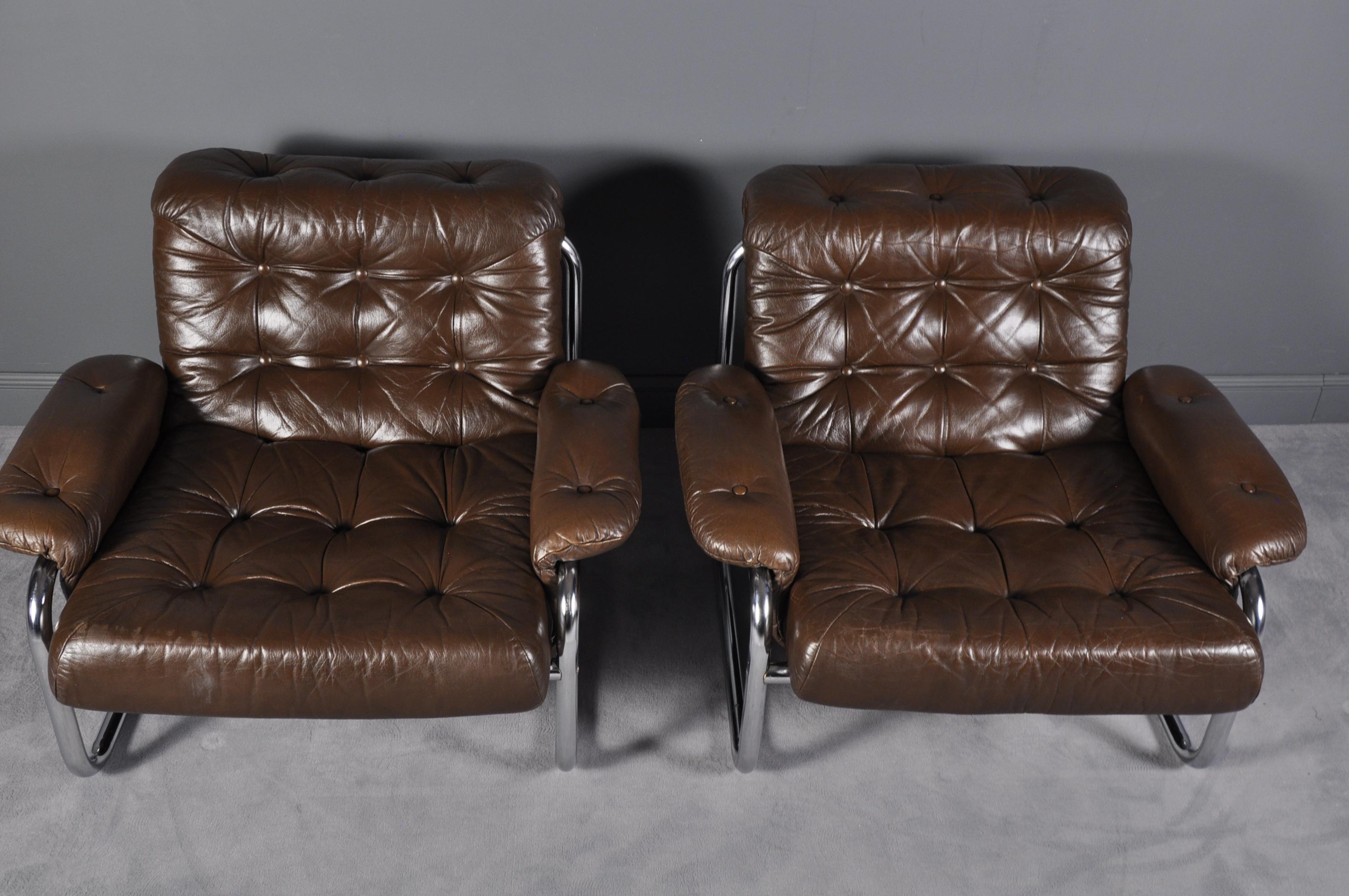 Swedish Pair of Johan Bertil Häggström for Ikea Leather Lounge Chairs, Sweden, 1970s