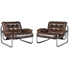 Pair of Johan Bertil Häggström for Ikea Leather Lounge Chairs, Sweden, 1970s