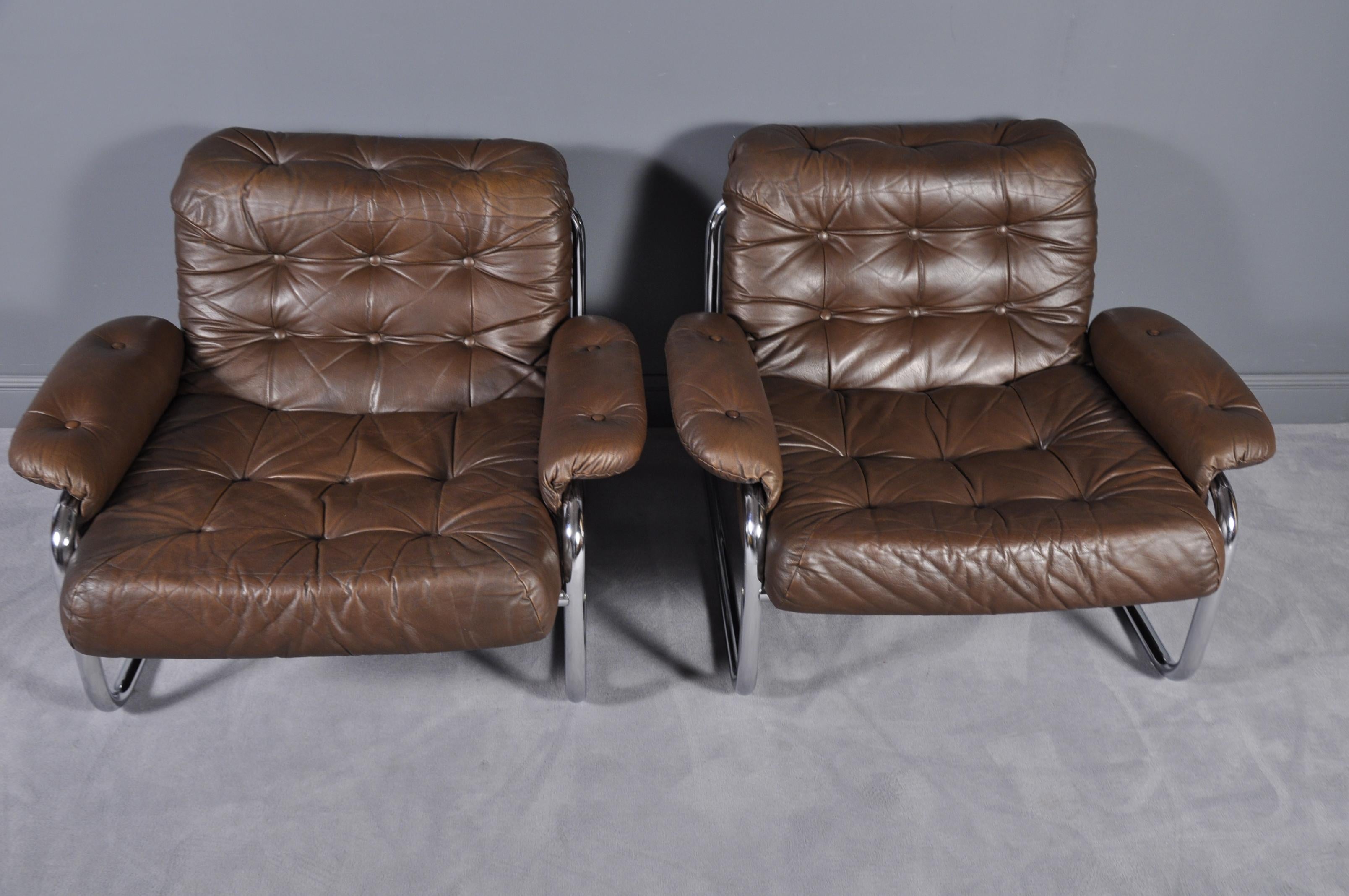 Scandinavian Modern Pair of Johan Bertil Häggström for Ikea Leather Lounge Chairs, Sweden, 1970s