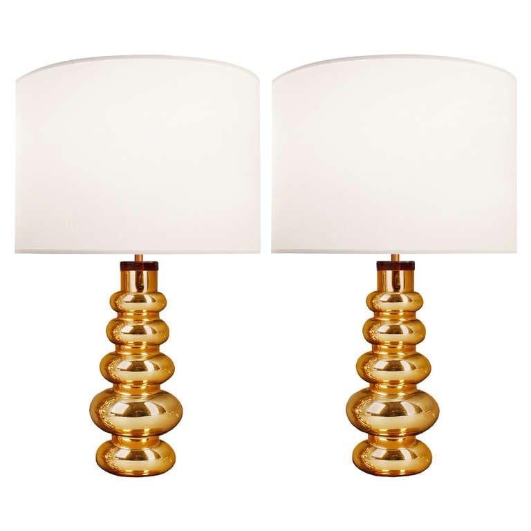 Pair of Johanfors Gold Glass Lamps In Excellent Condition For Sale In New York, NY