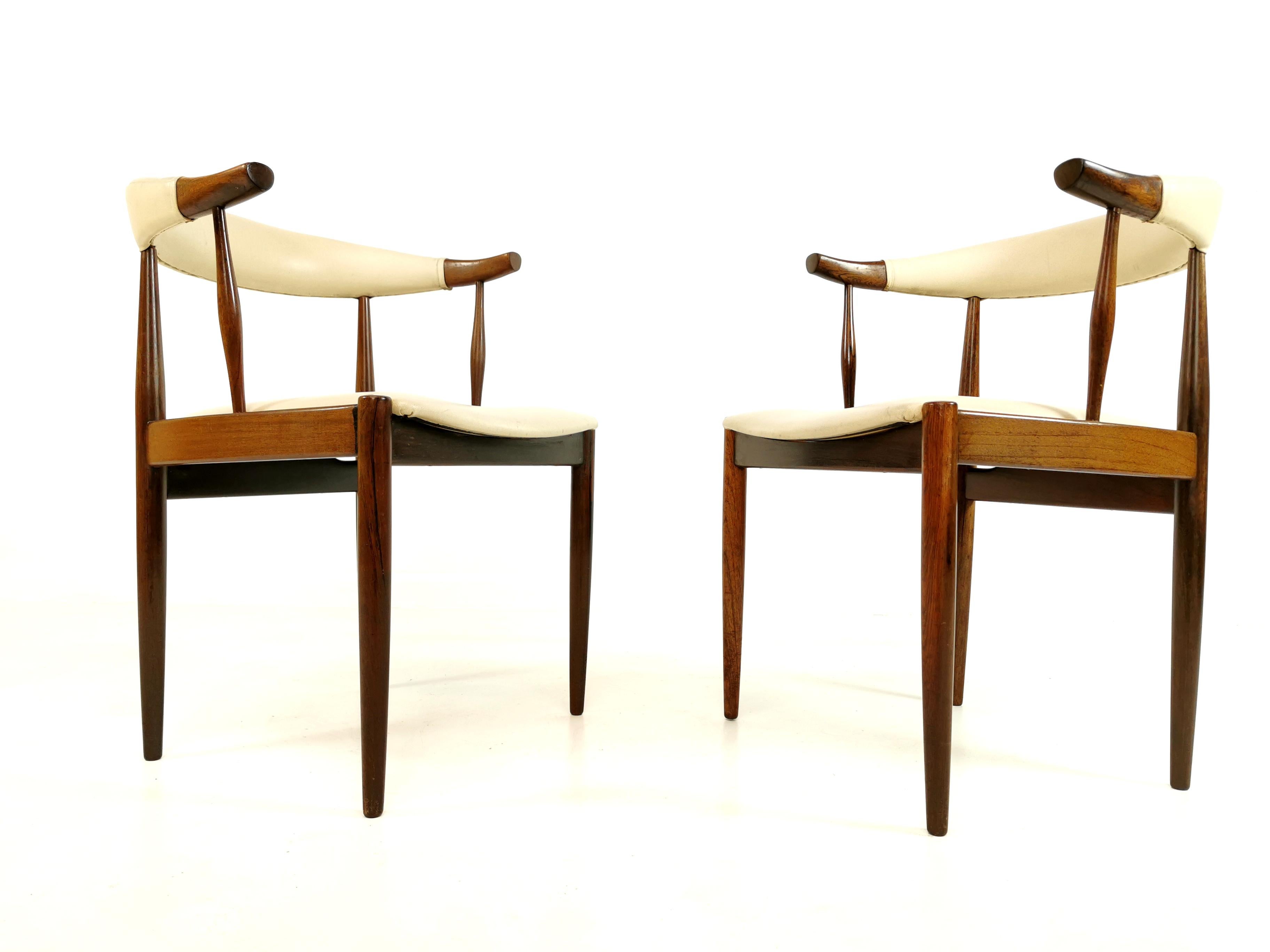 Pair of Johannes Andersen Cow Horn Dining Chairs Rosewood Faux Leather 1960s 1