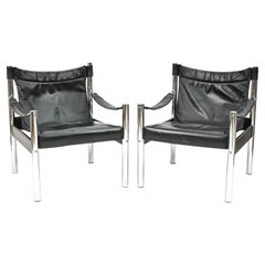 Retro Pair of Johanson Design Leather & Chrome Safari Chairs