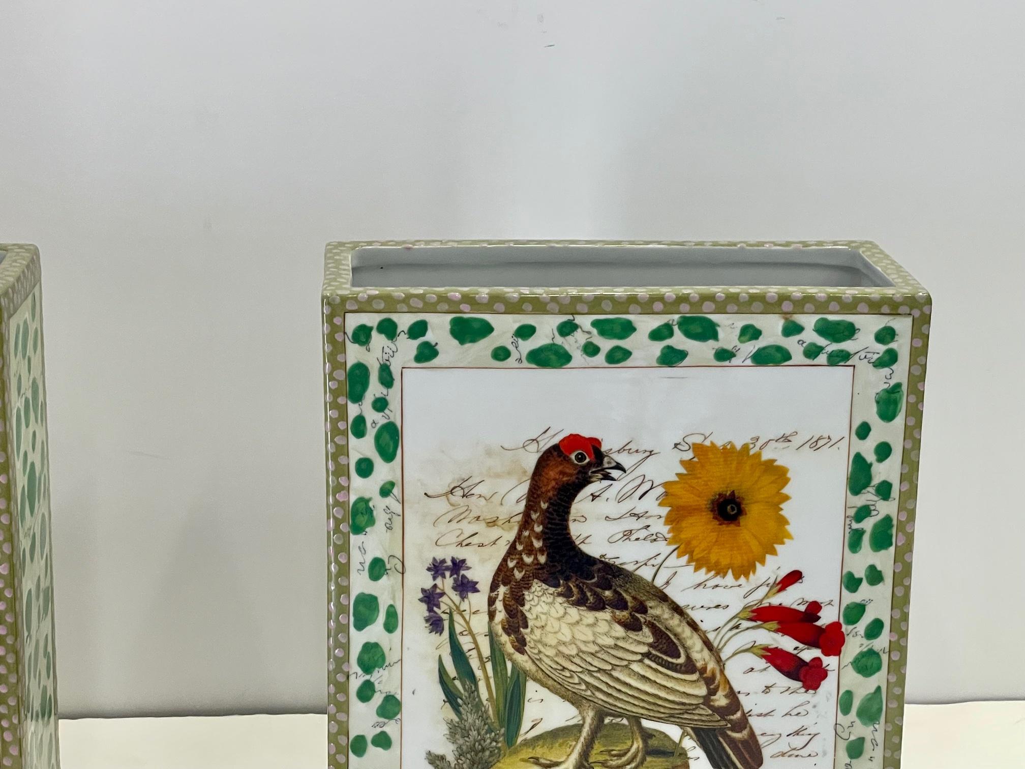 Pair of John Derian Porcelain Vases with Birds Flowers and Script 4