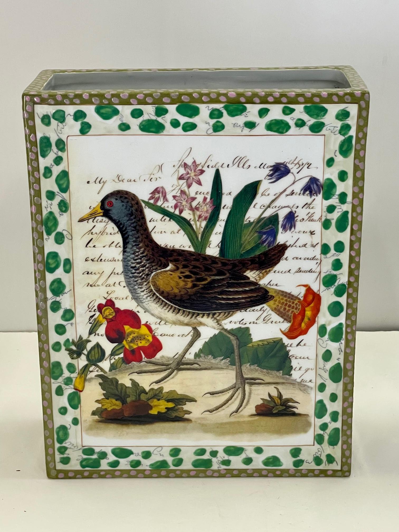 Late 20th Century Pair of John Derian Porcelain Vases with Birds Flowers and Script