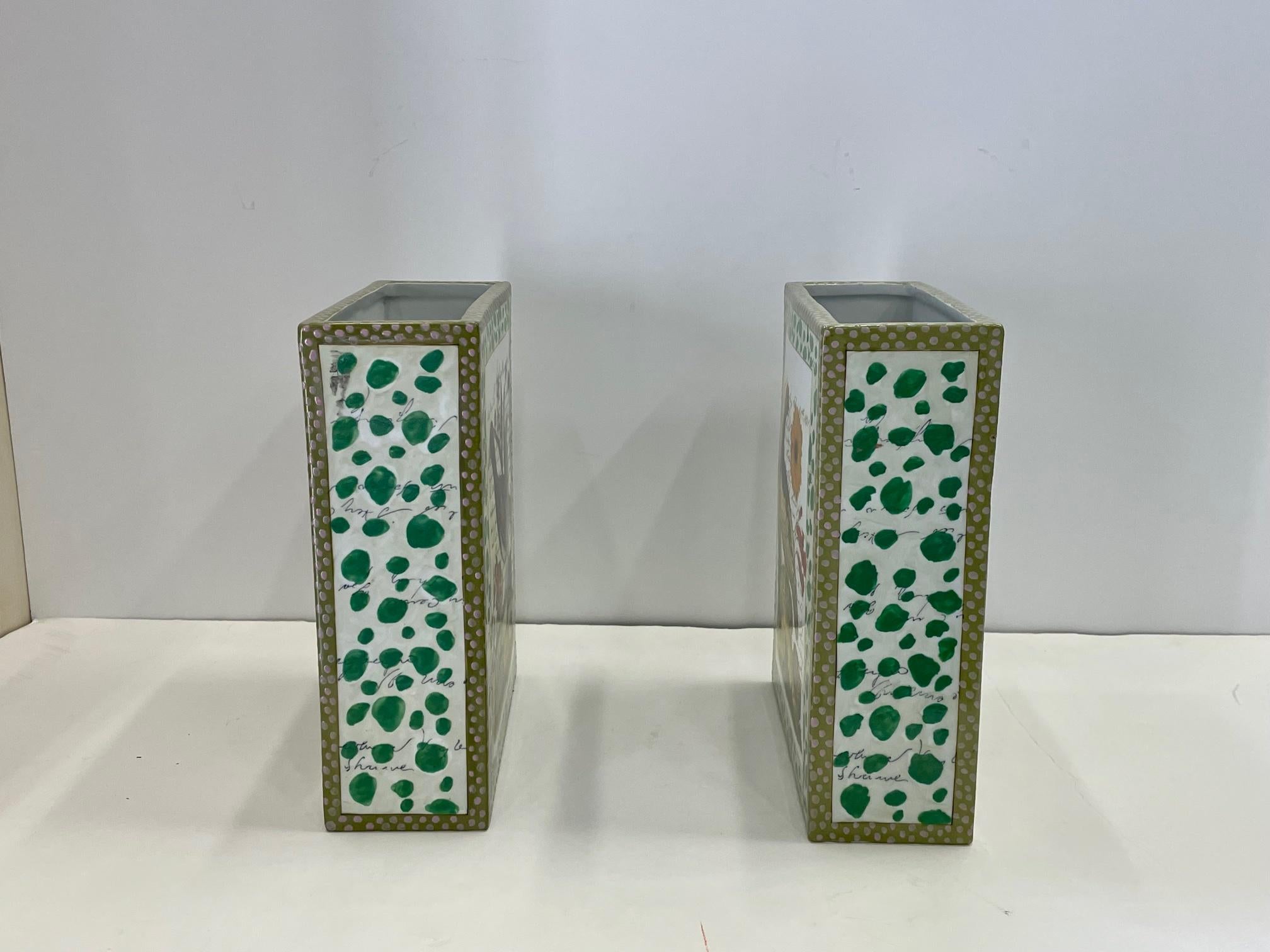 Pair of John Derian Porcelain Vases with Birds Flowers and Script 1