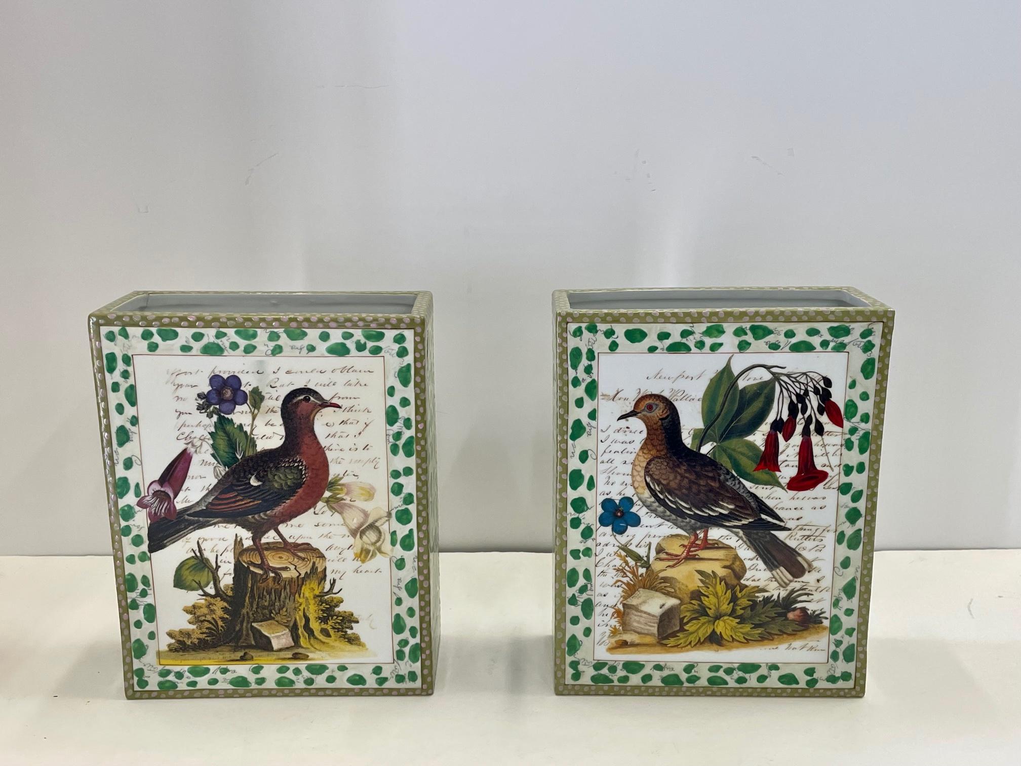 Pair of John Derian Porcelain Vases with Birds Flowers and Script 2