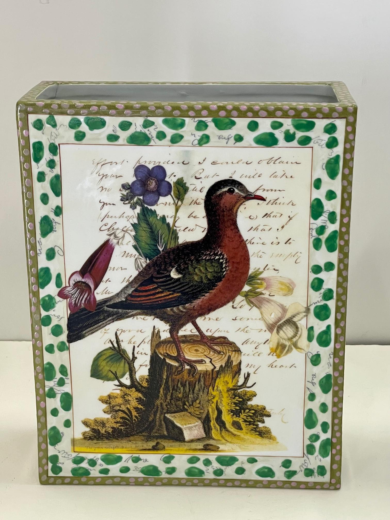Pair of John Derian Porcelain Vases with Birds Flowers and Script 3