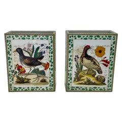 Pair of John Derian Porcelain Vases with Birds Flowers and Script