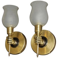 Pair of John Devoluy Style Hand Torch Bronze Wall Sconces