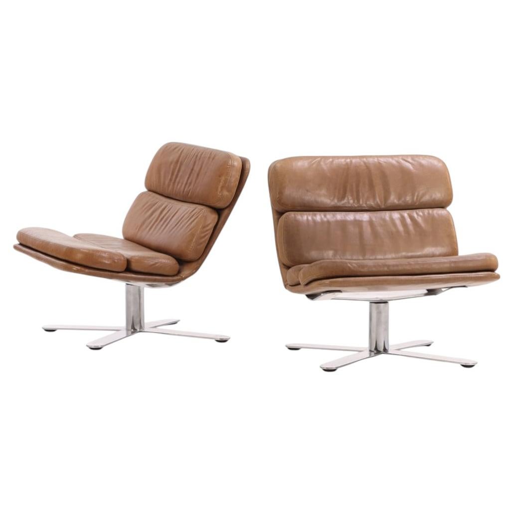 Pair of John Follis Solo Lounge Chairs in Leather and Chrome by Fortress