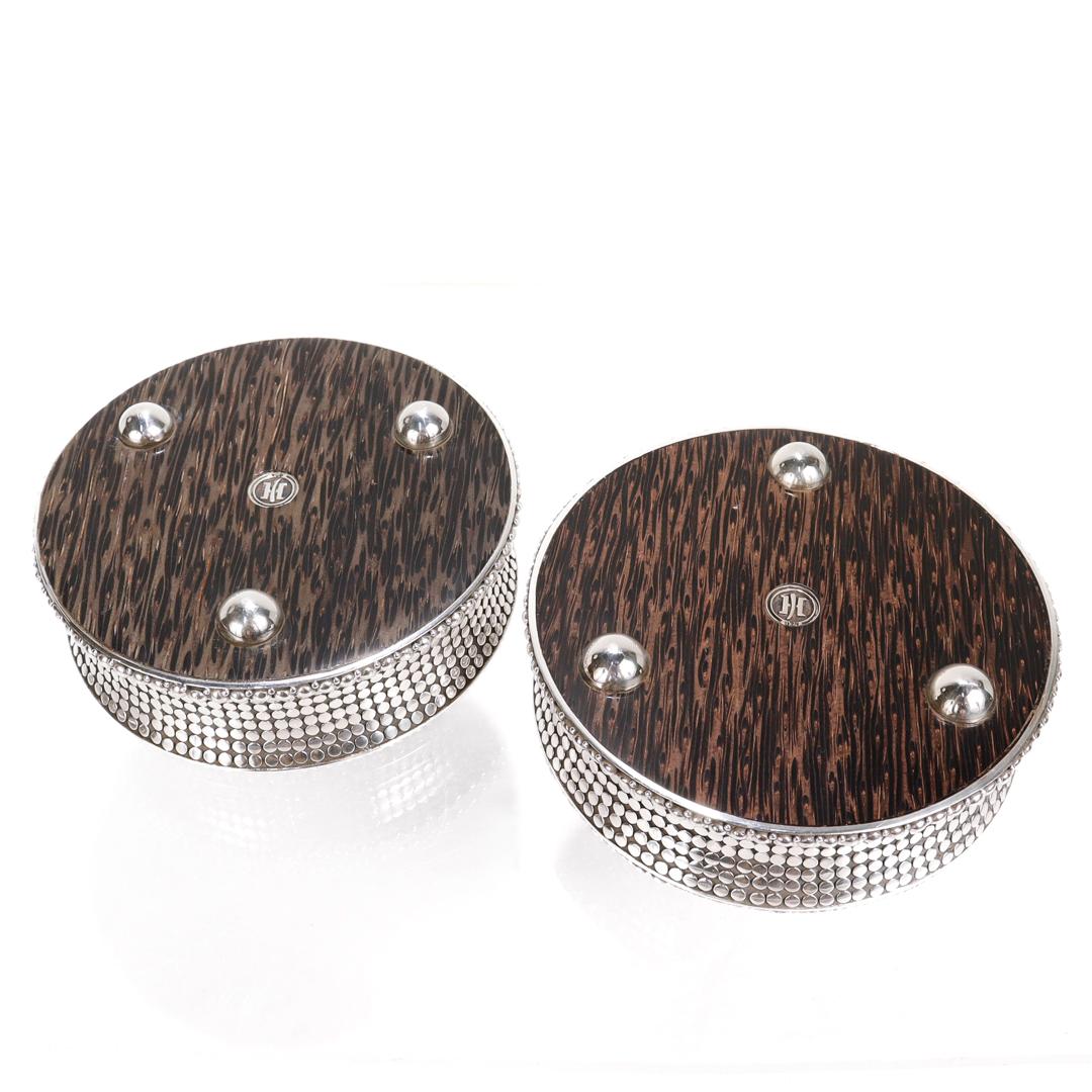 Pair of John Hardy Sterling Silver, Wood, and Copper Dot Pattern Wine Coasters For Sale 5