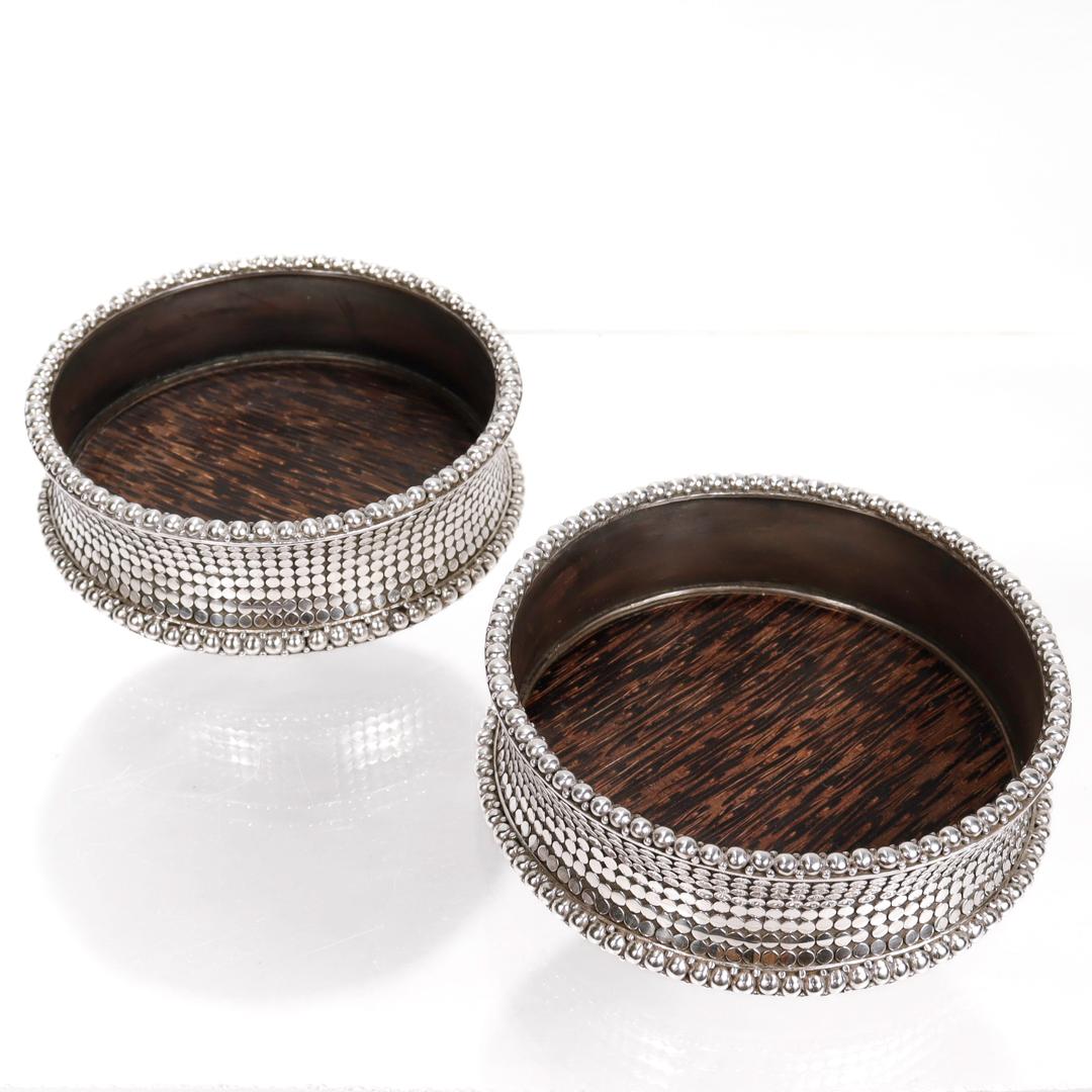 Pair of John Hardy Sterling Silver, Wood, and Copper Dot Pattern Wine Coasters For Sale 3