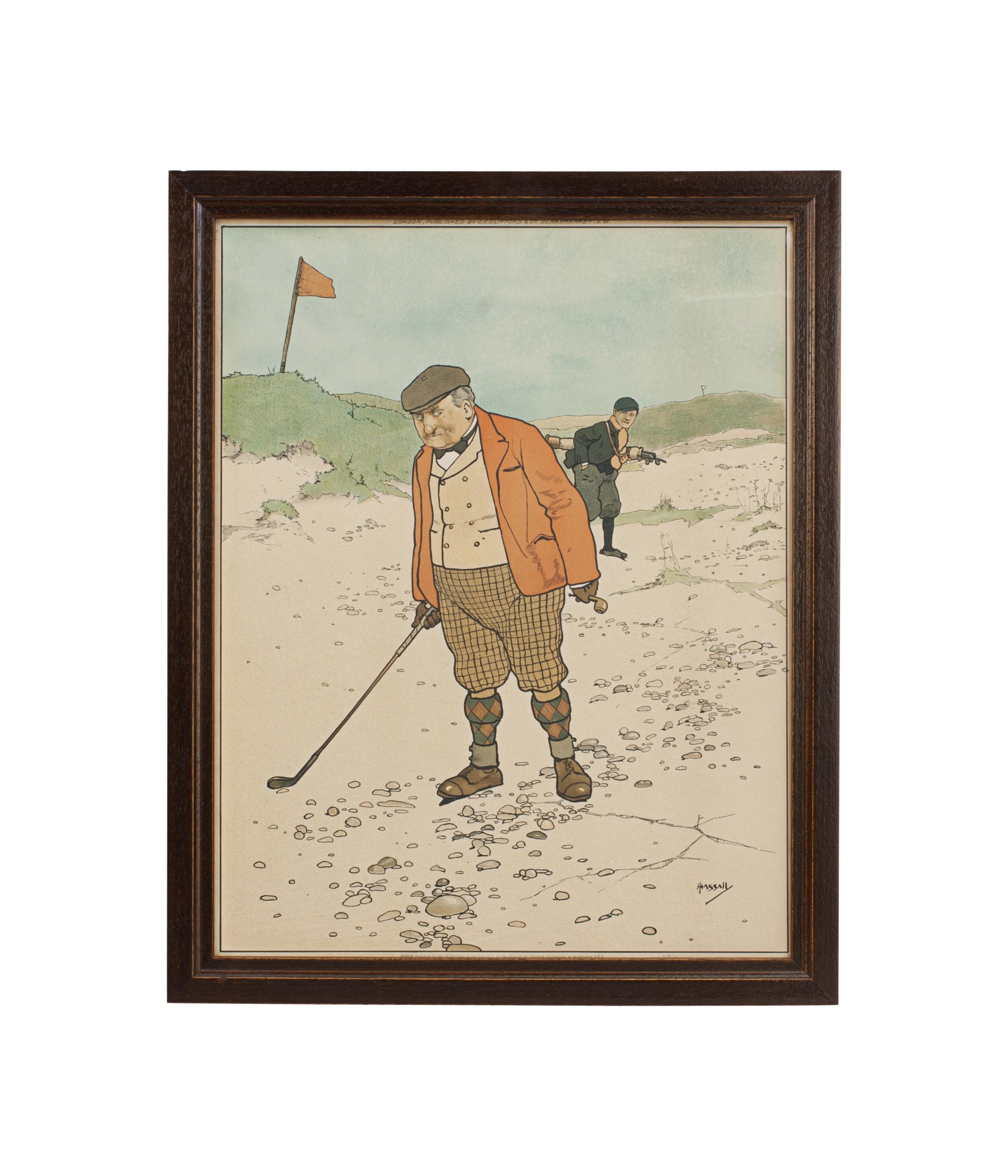 Pareja de grabados de golf de John Hassall.
Una pareja muy bonita de cromolitografías de golf según J. Hassall tituladas 