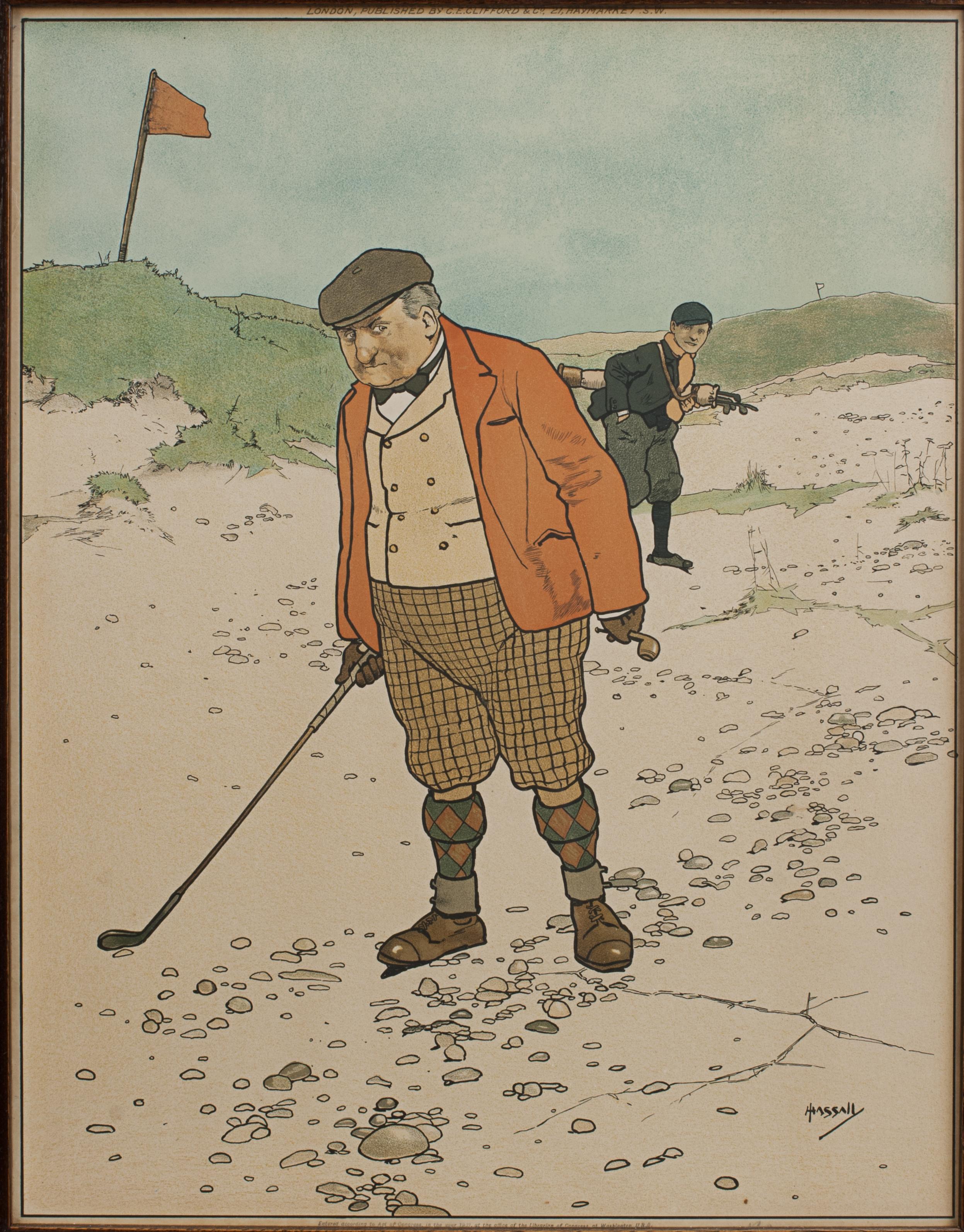 Pareja de grabados de golf de John Hassall, 'Bola perdida' y 'Una mentira' en Bueno estado para la venta en Oxfordshire, GB