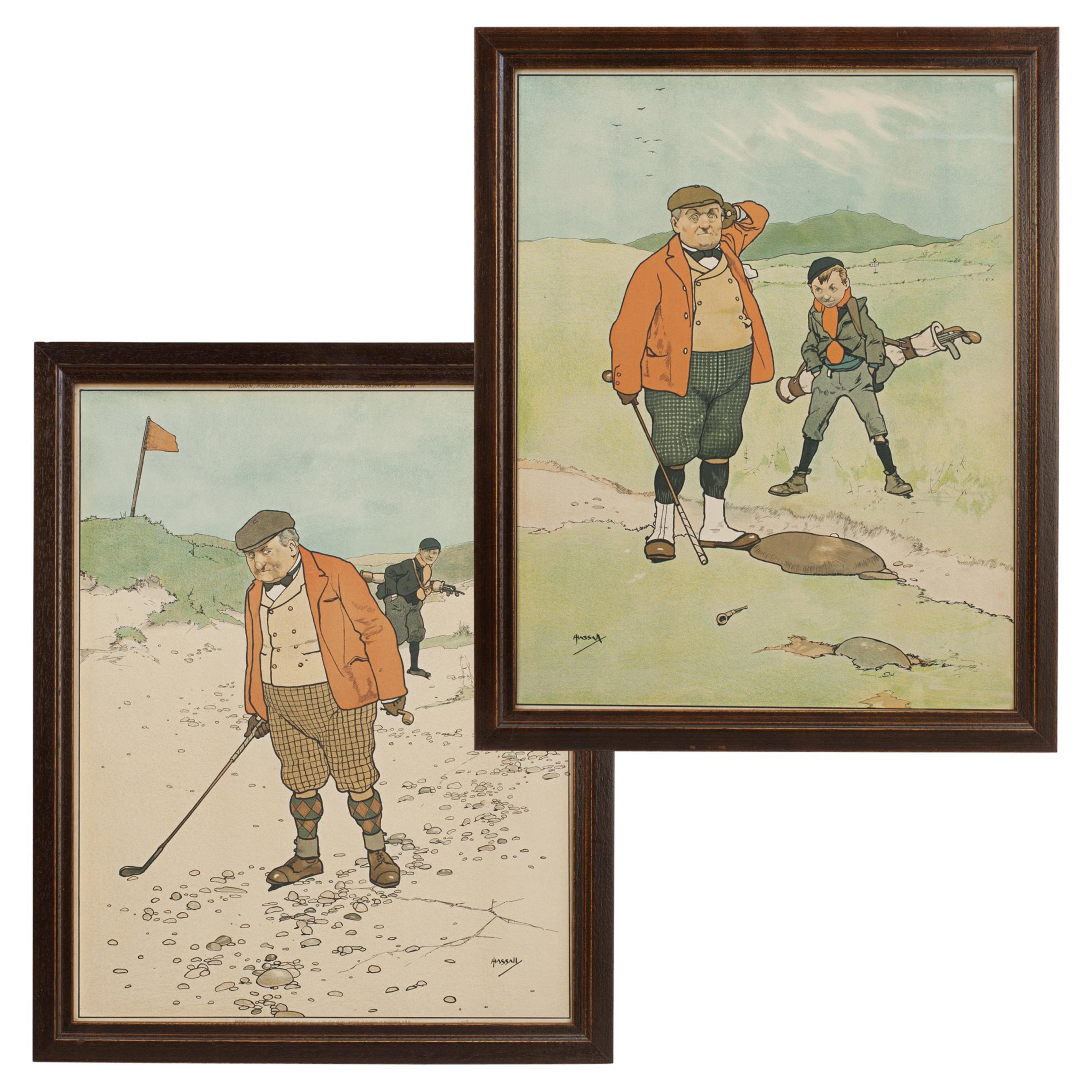 Pareja de grabados de golf de John Hassall, 'Bola perdida' y 'Una mentira' en venta