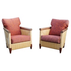Pair of John Hutton for Donghia Rattan Cane Mahagony Wood Lounge Club Chairs
