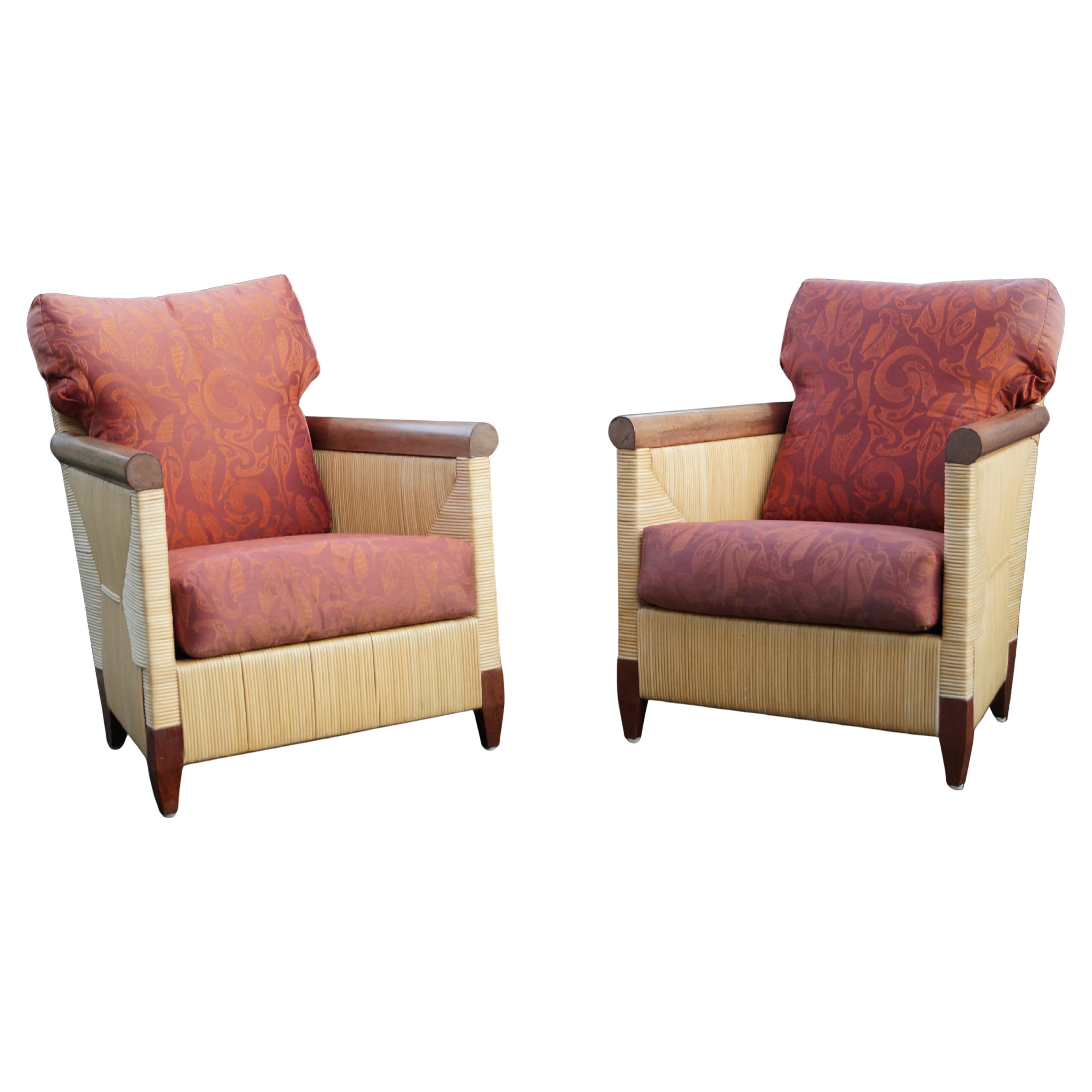 Pareja de sillones de salón de John Hutton para Donghia, de caña de ratán y madera de mahagony
