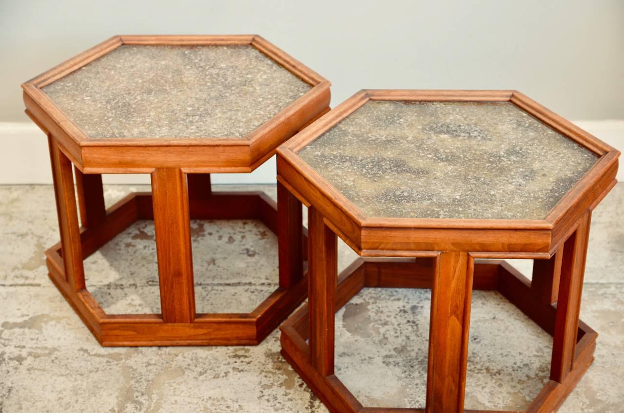 Pair of John Keal for Brown Saltman hexagonal side tables. Also great together as a small coffee table.
