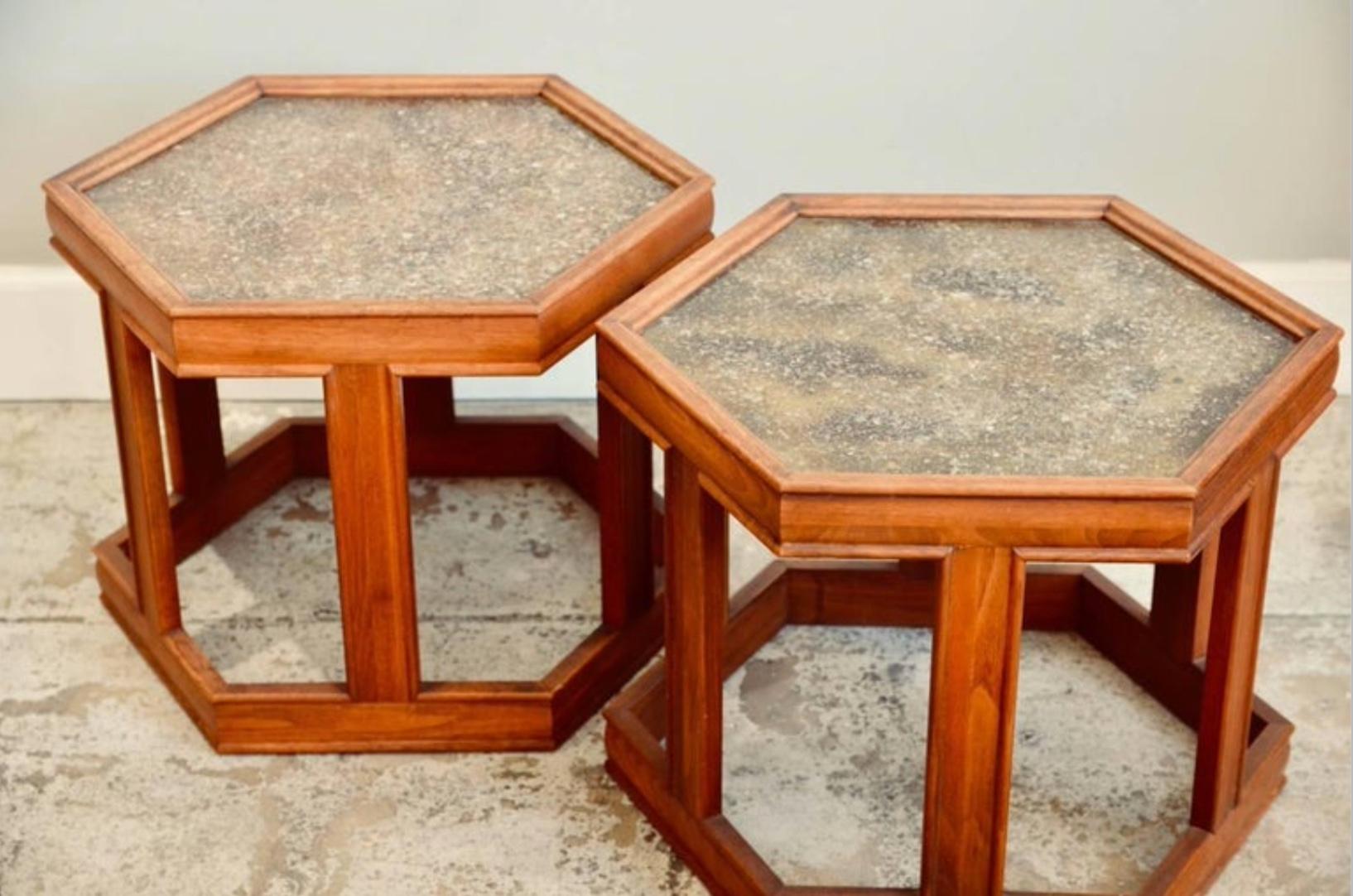 Pair of John Keal for brown saltman hexagonal side tables. Also great together as a small coffee table.