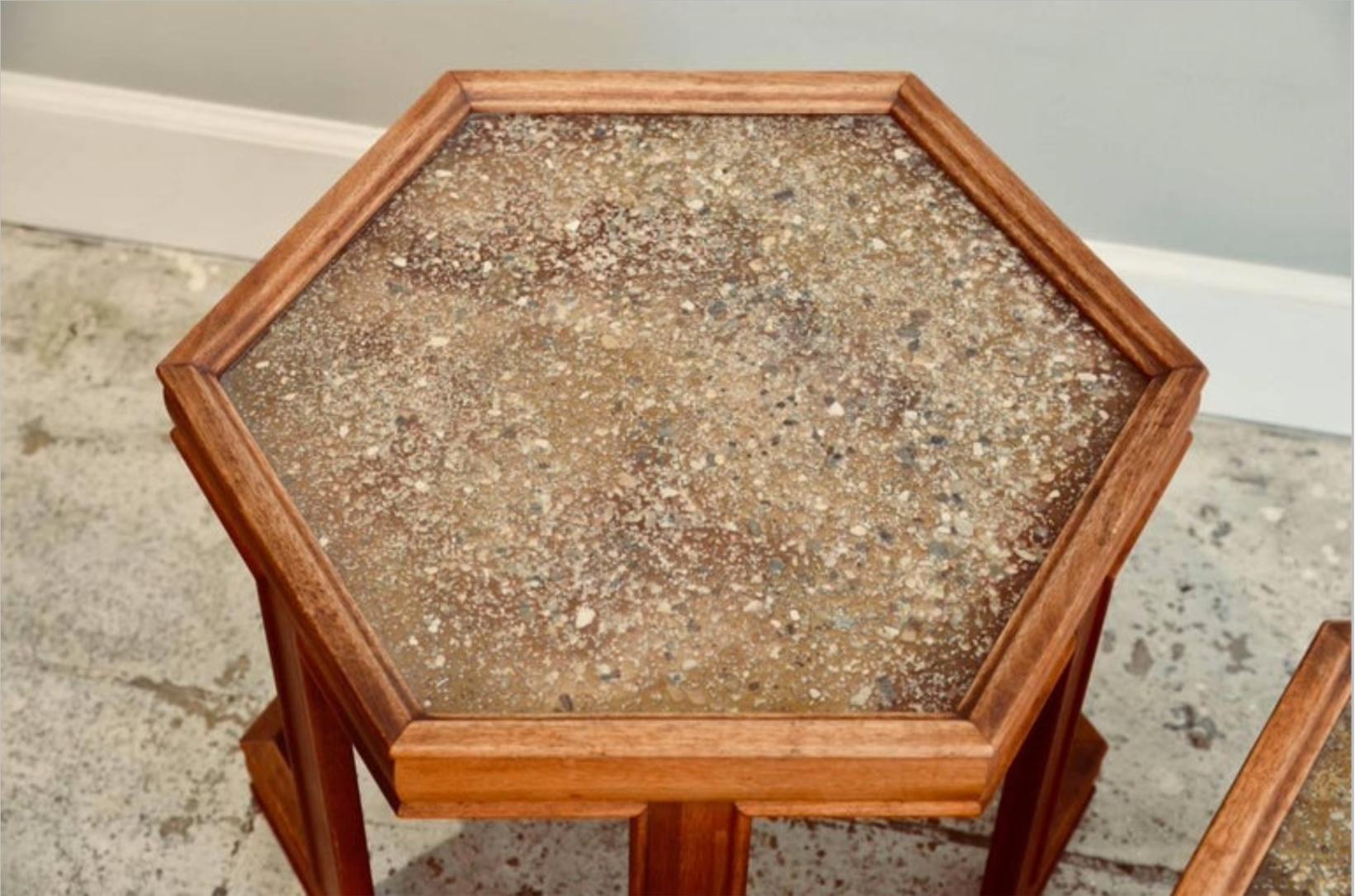 Polished Pair of John Keal for Brown Saltman Hexagonal Side Tables