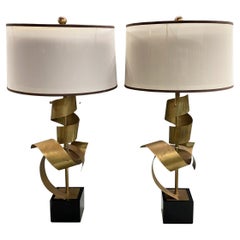 Pair of John Richard Brutalist Brass Ribbon Table Lamps with Signed Shades