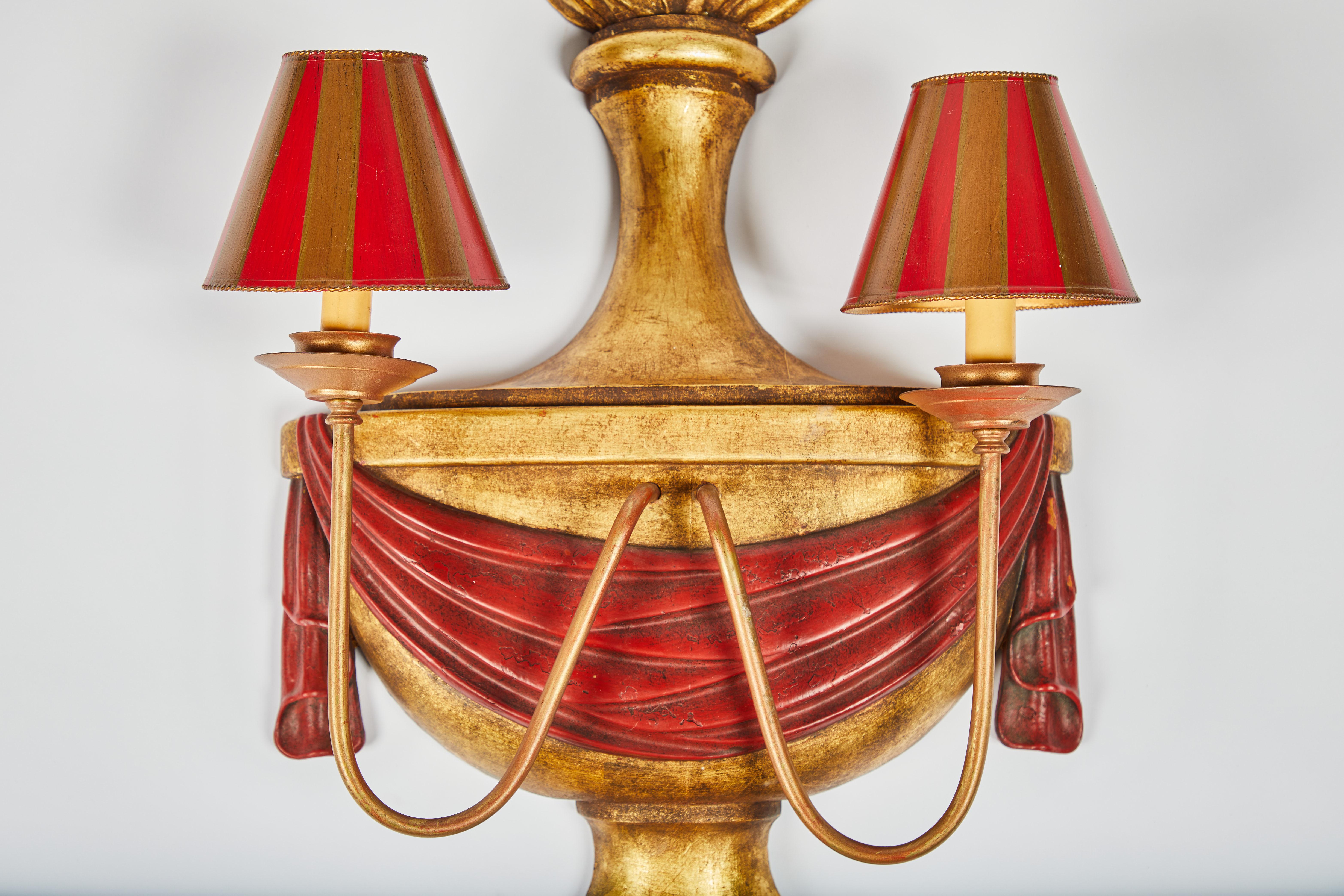 Hand-Painted Pair of John Rosselli Parcel-Gilt and Painted Wood 2-Light Sconces For Sale