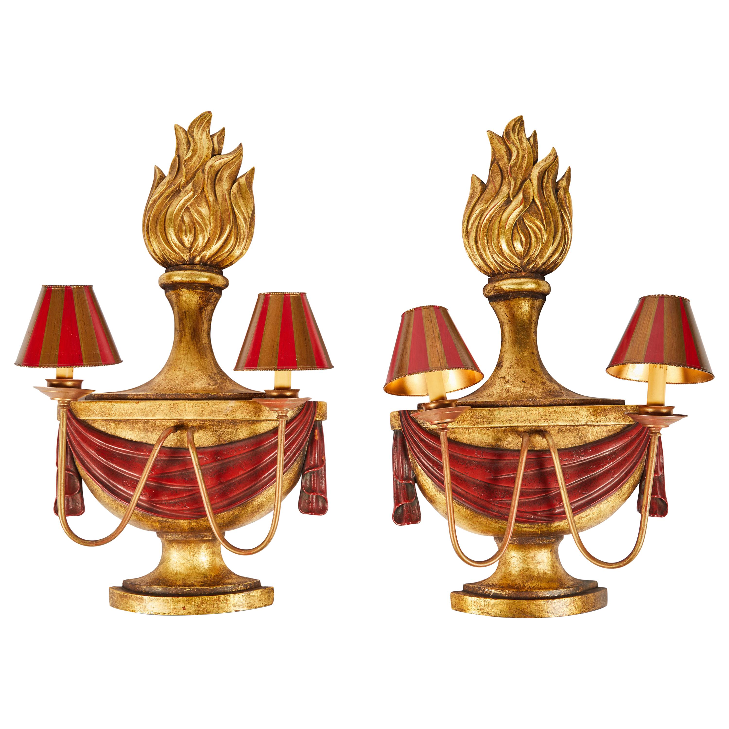 Pair of John Rosselli Parcel-Gilt and Painted Wood 2-Light Sconces For Sale