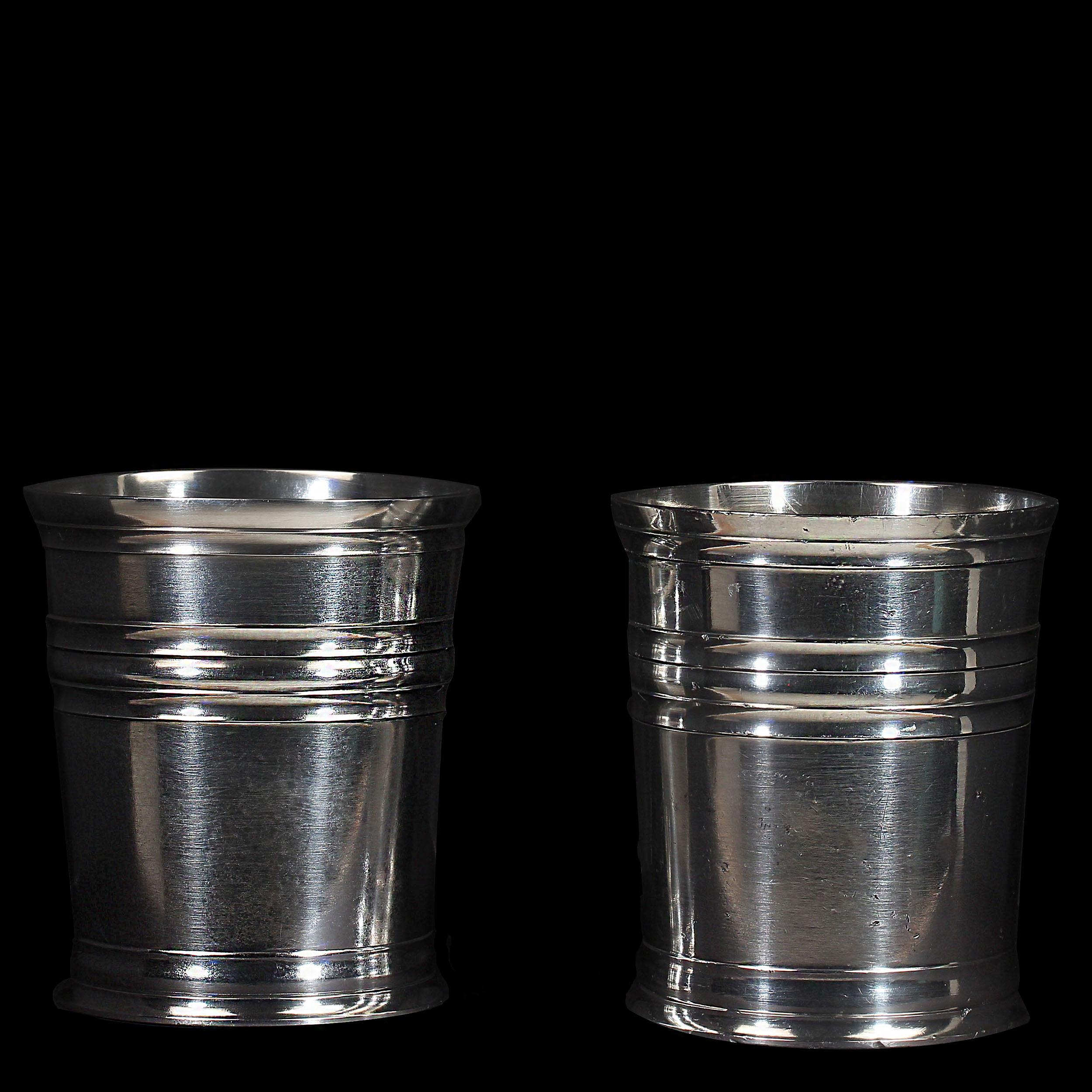 Empire Pair of John Somers 'Copo de Whisky' pewter cups For Sale