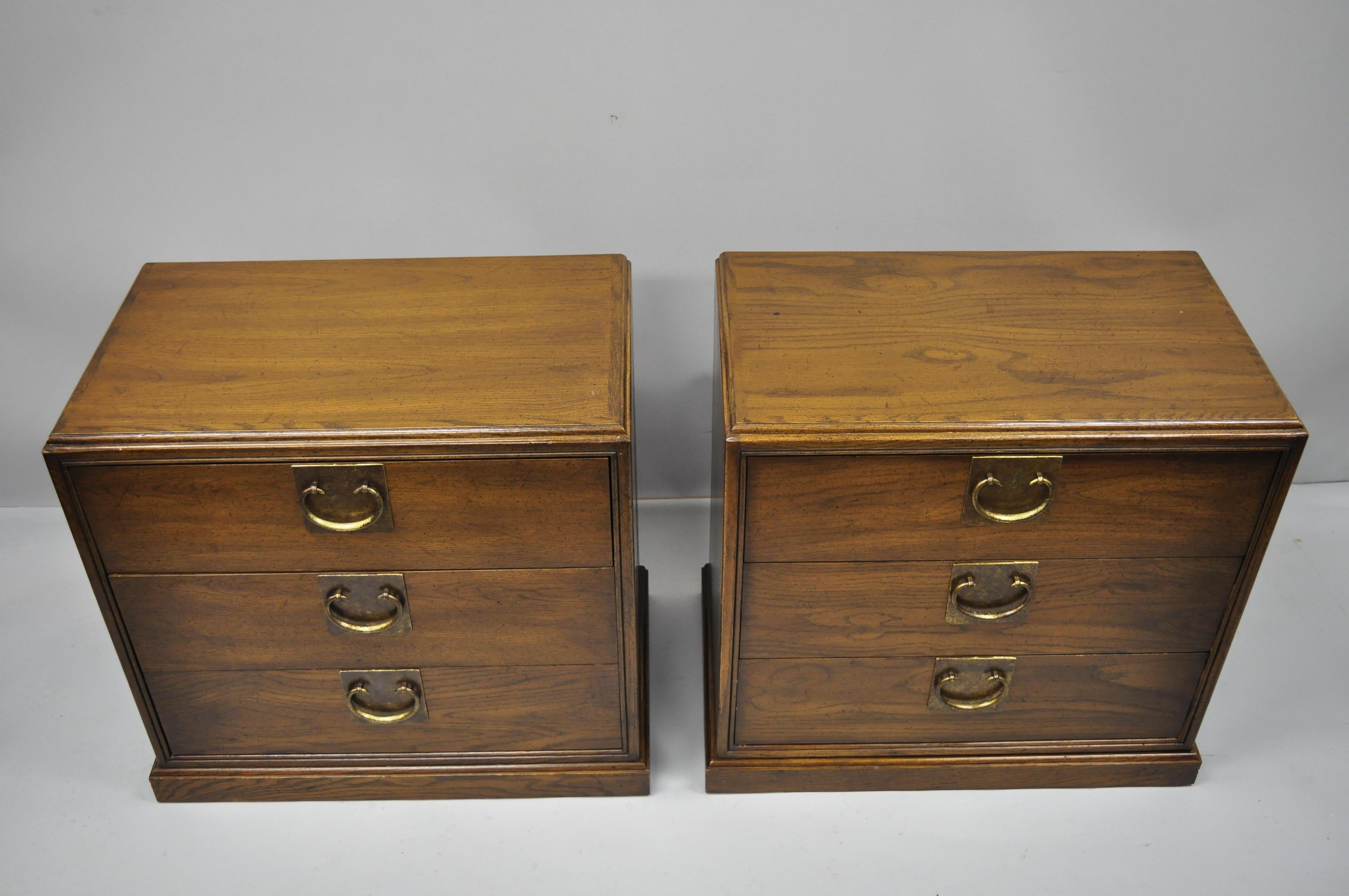 Mid-Century Modern Pair of John Stuart Chinoserie James Mont Style Oak Nightstand Bedside Chests