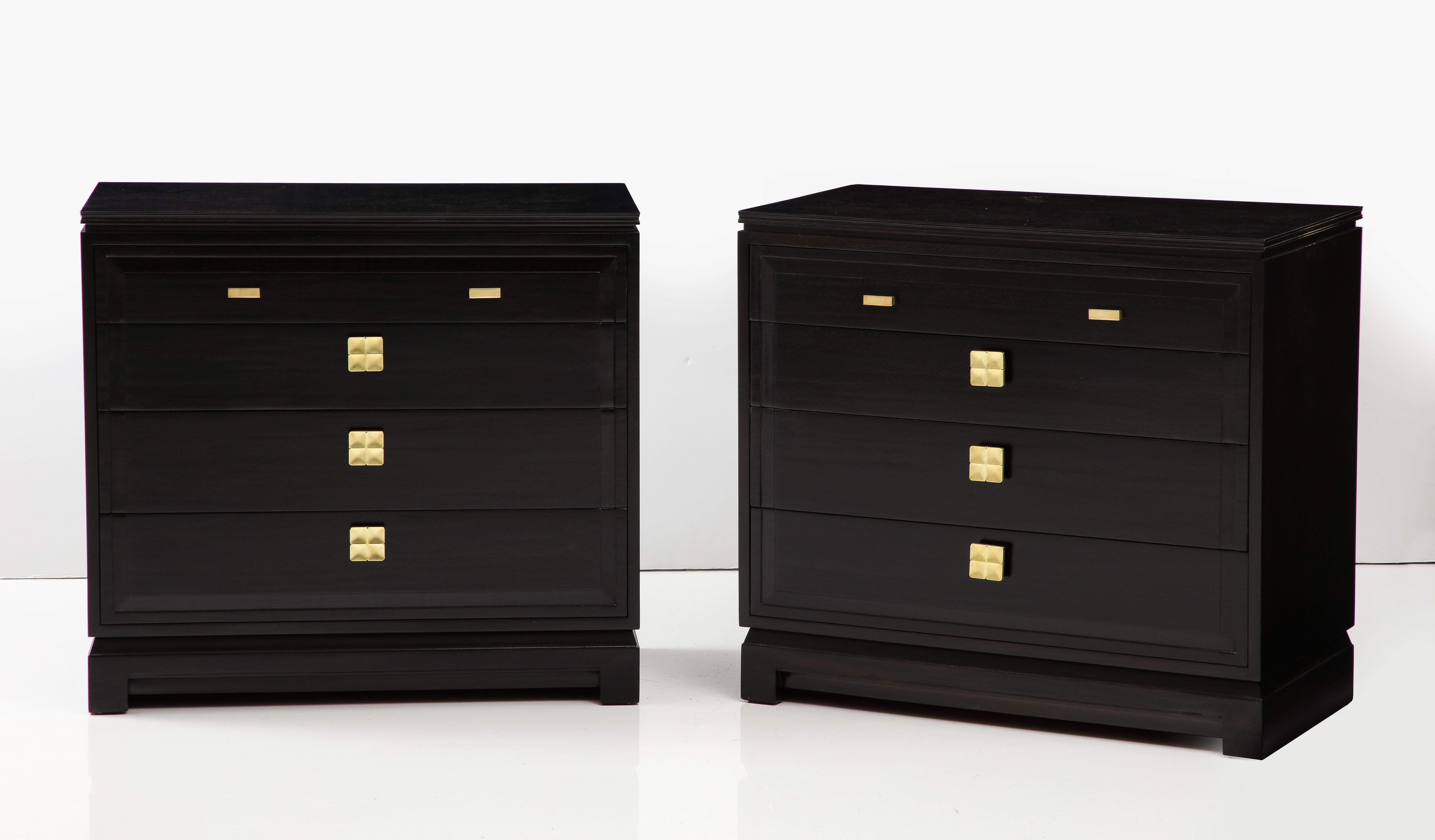 Pair of John Stuart dressers Newly restored in an Espresso finish.
The dressers have been completely restored and are accented by beautiful 
satin finished brass pulls.