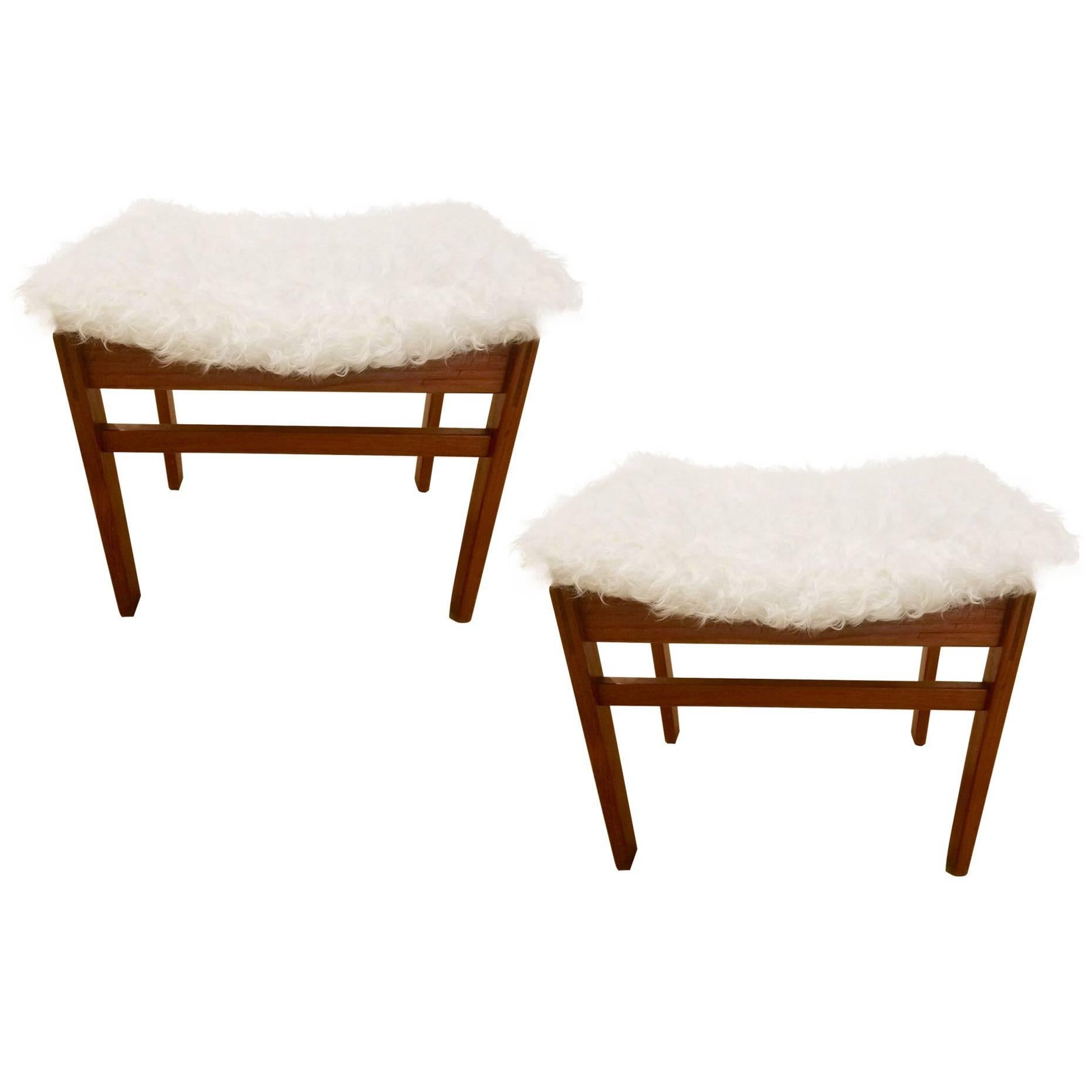 Pair of John of Finn Juhl Stools For John Stuart in White Alpaca