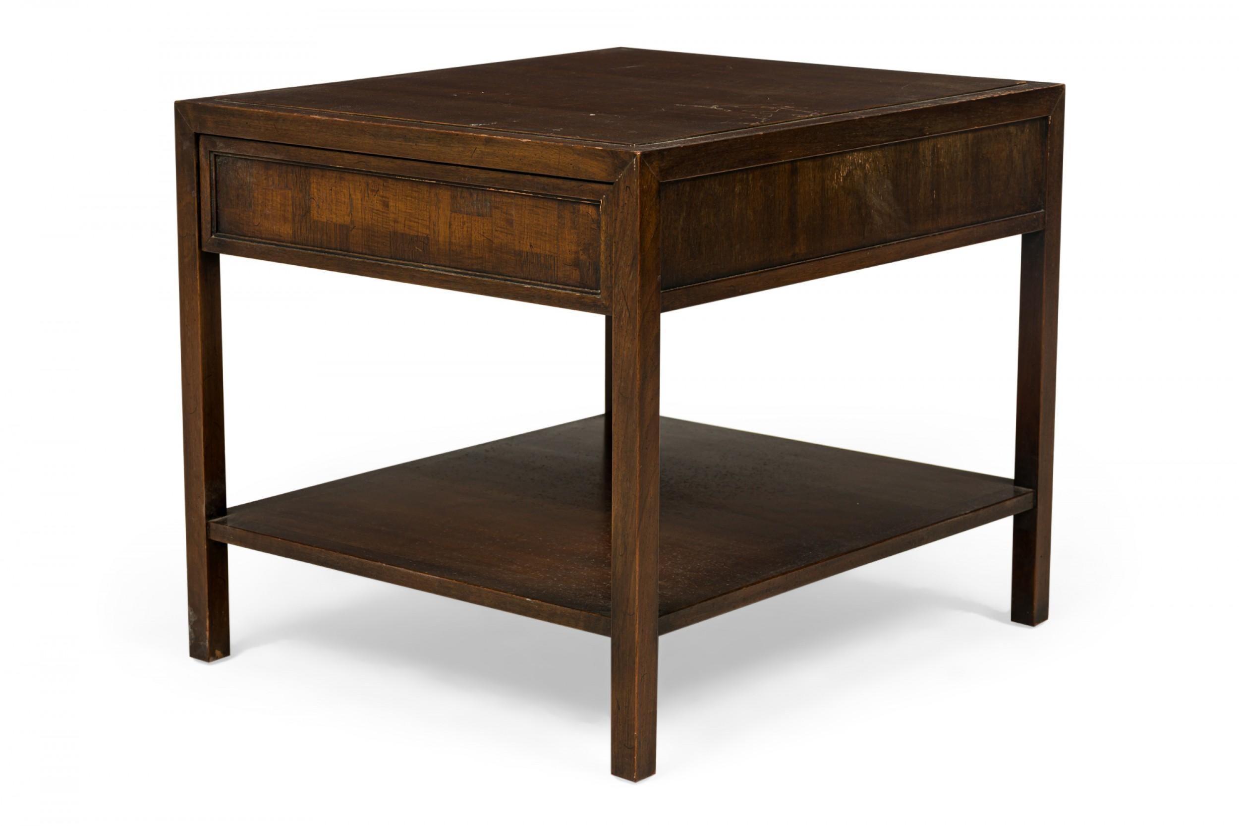 Mid-Century Modern Pair of John Stuart Wooden Single Drawer Two-Tier End / Side Tables For Sale